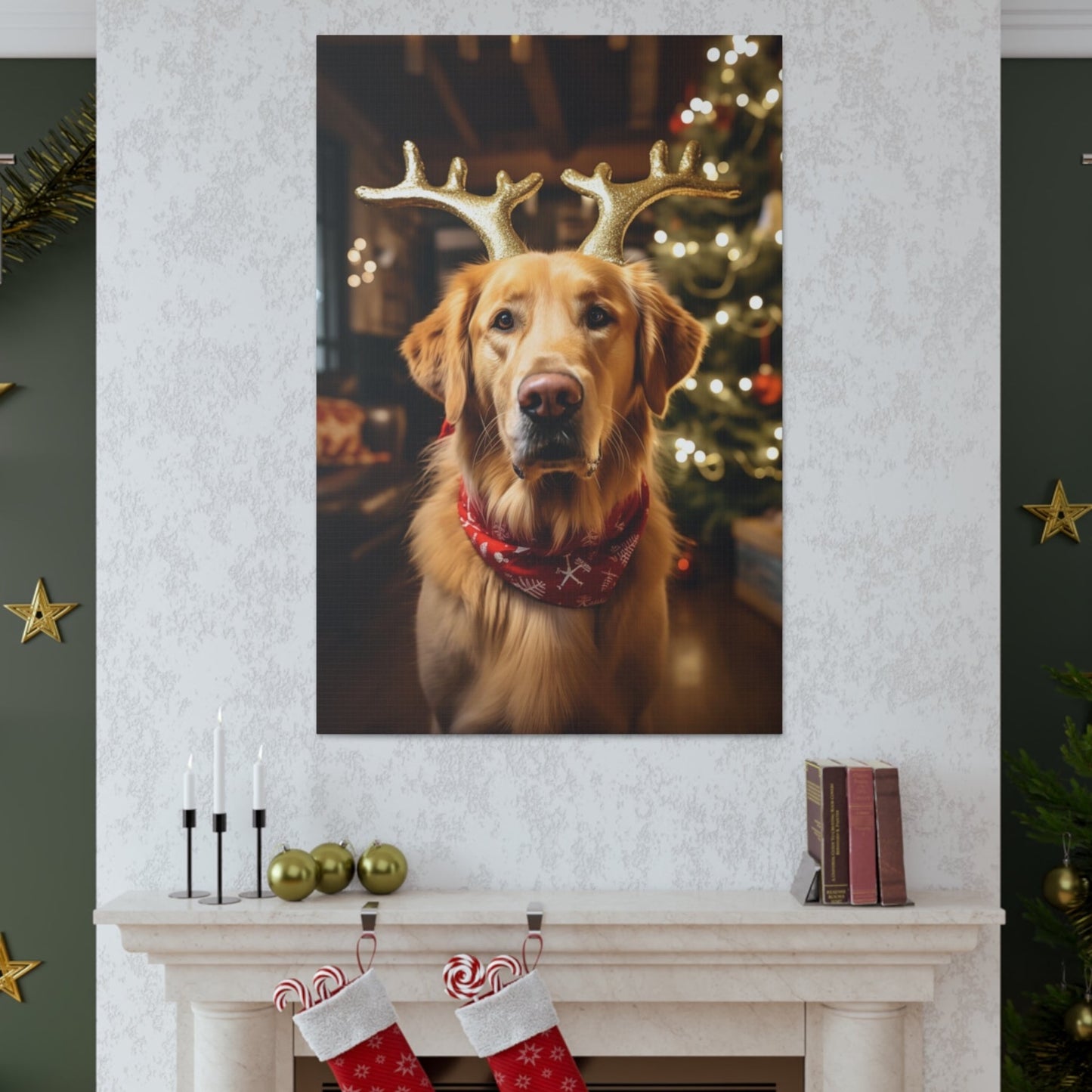 Cute Golden Retrievers wearing reindeer antlers