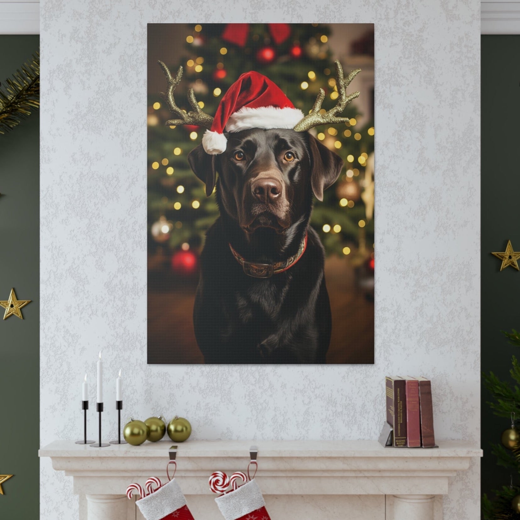 Cute Chocolate Labs wearing Santa hat