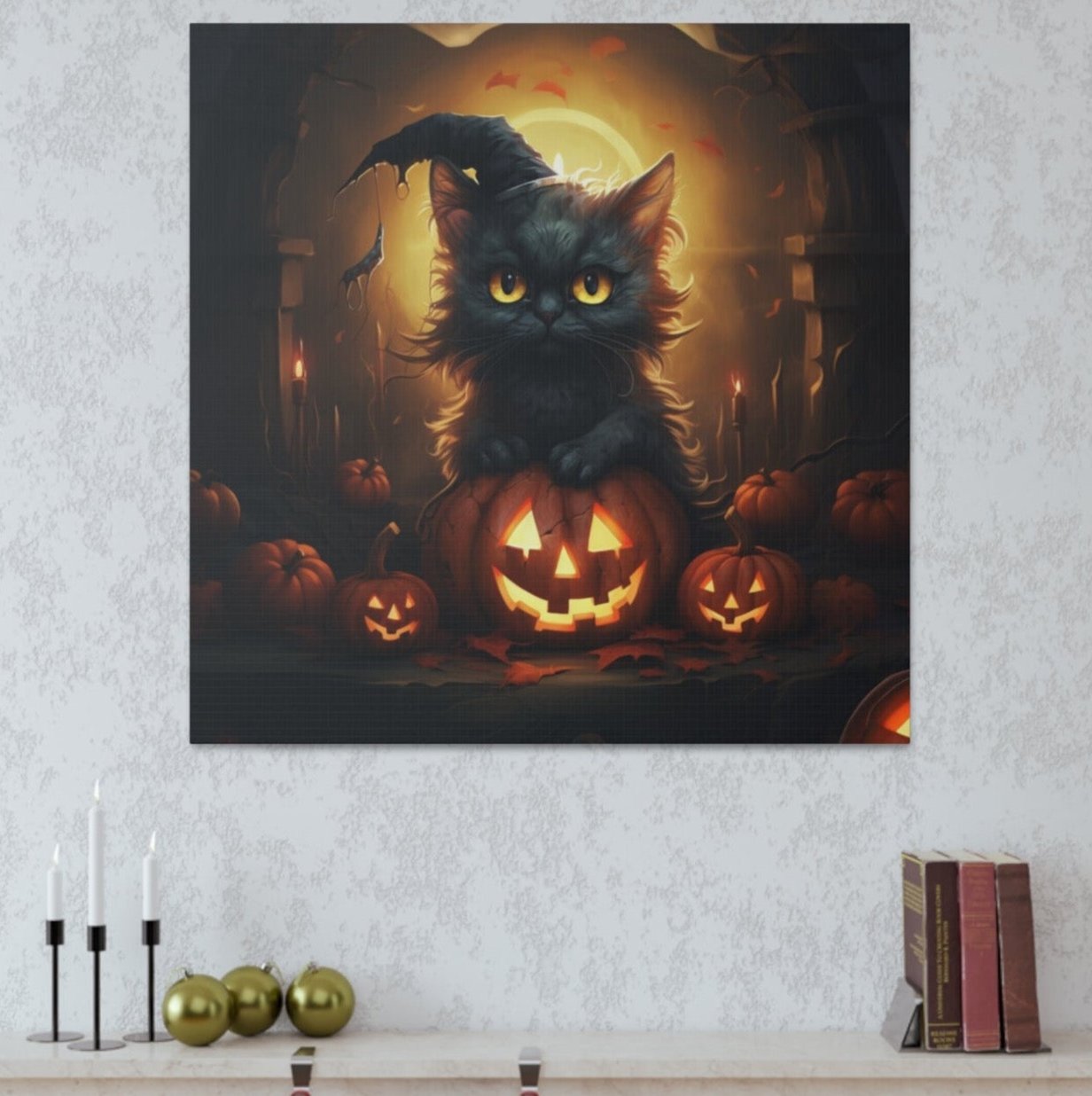 Halloween scene art black cats on jack o lanterns