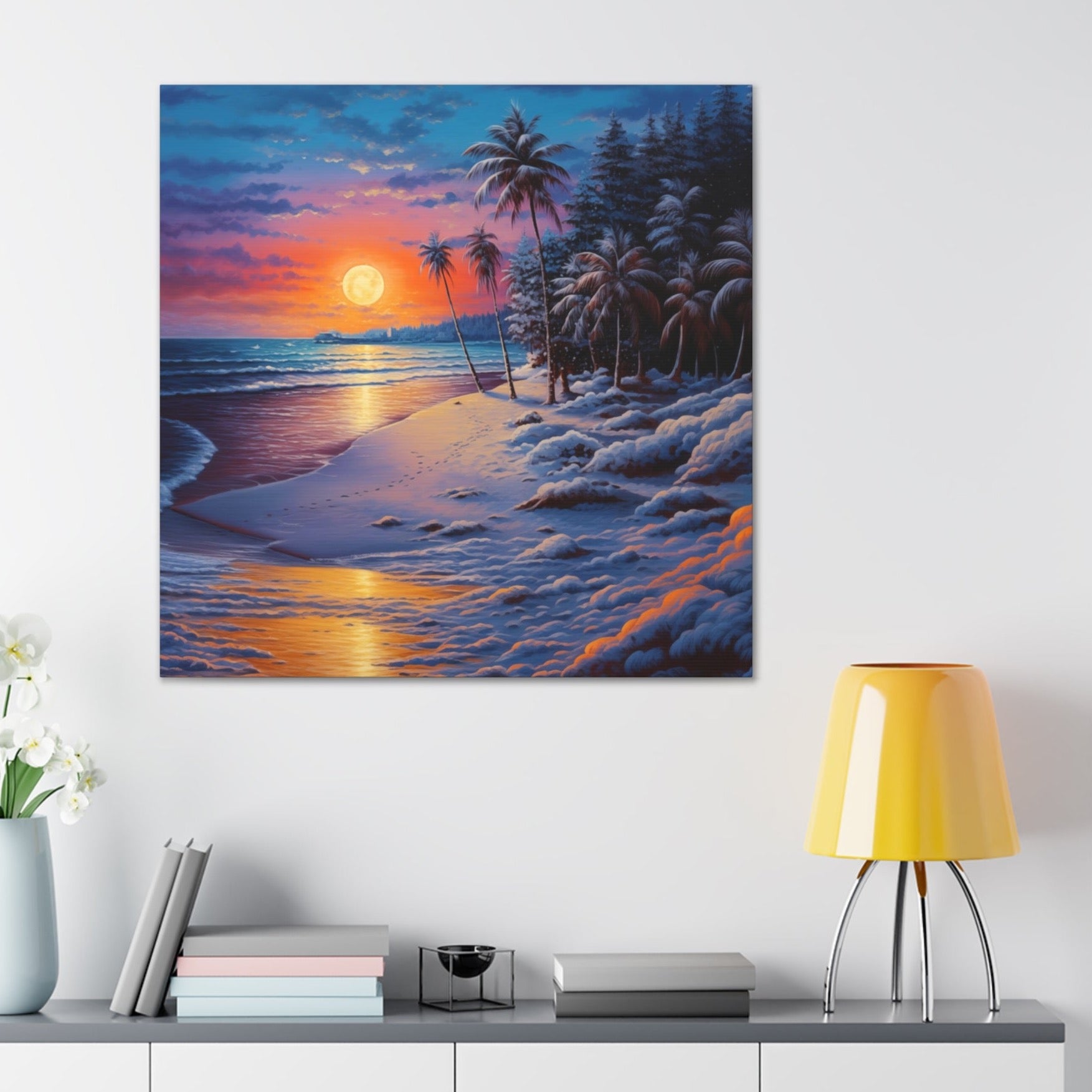 aesthetic snowy tropical beach sunset wall decor
