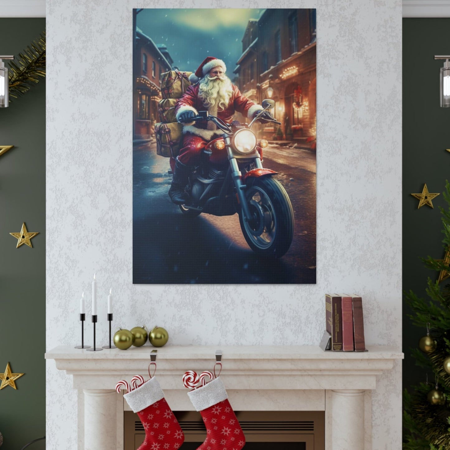santa delivering gifts on motorcycle canvas prints