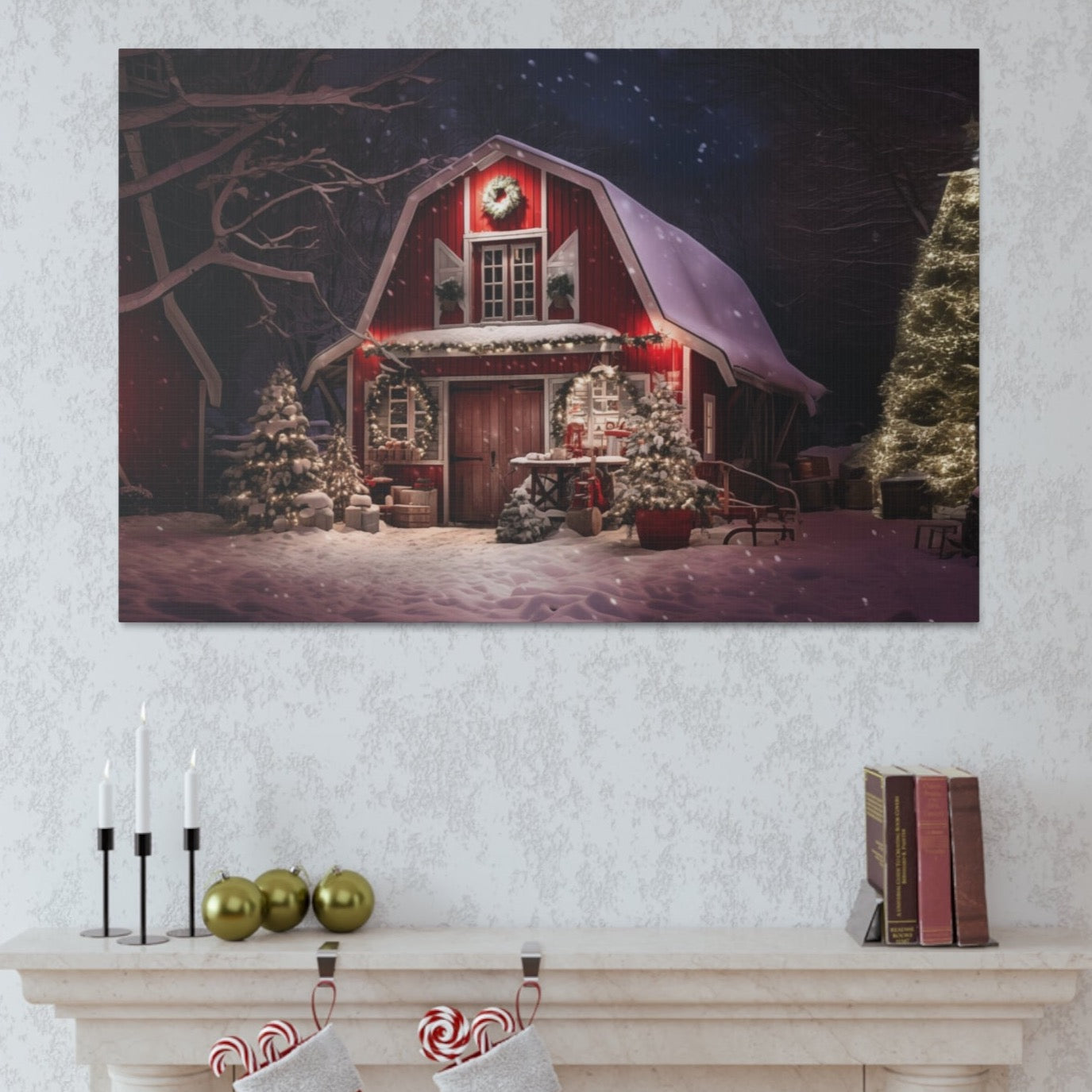snow covered red christmas barn wall art decor