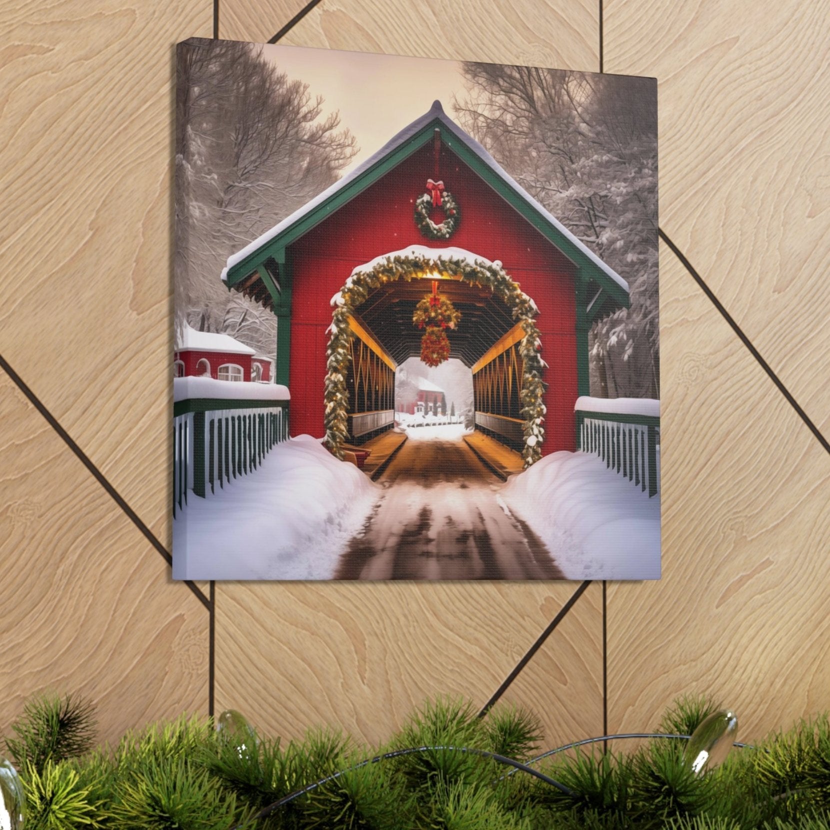 christmas covered bridge wall decor