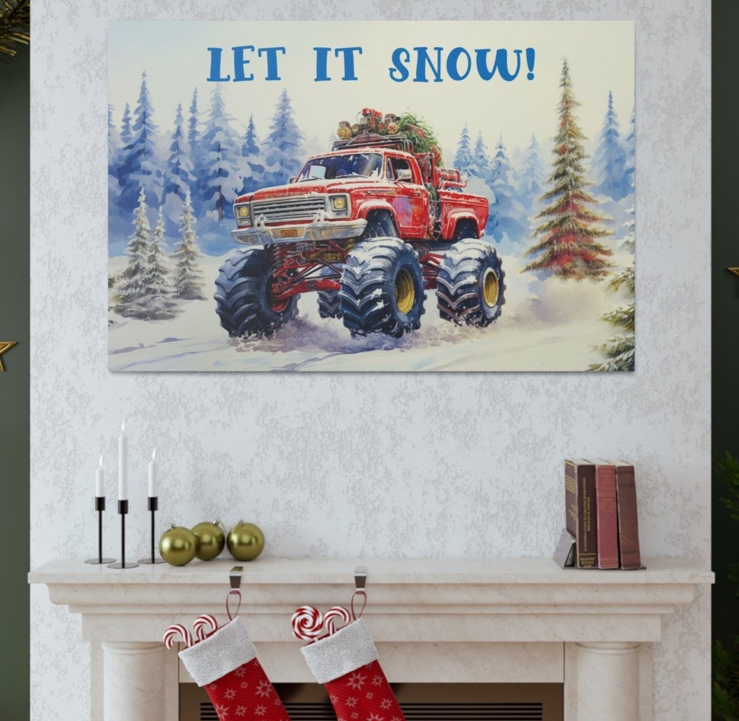 monster truck christmas red wall decor art