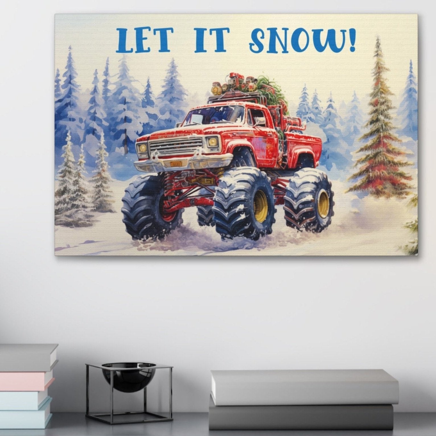 red christmas monster truck wall art decor