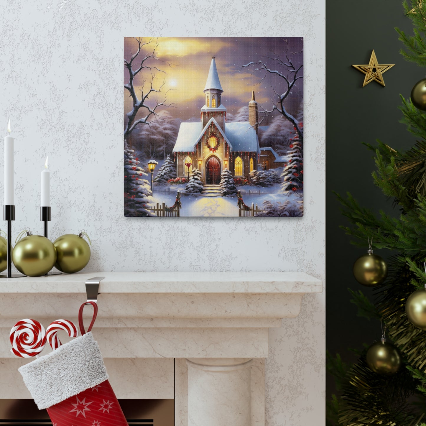 small church Christmas canvas prints