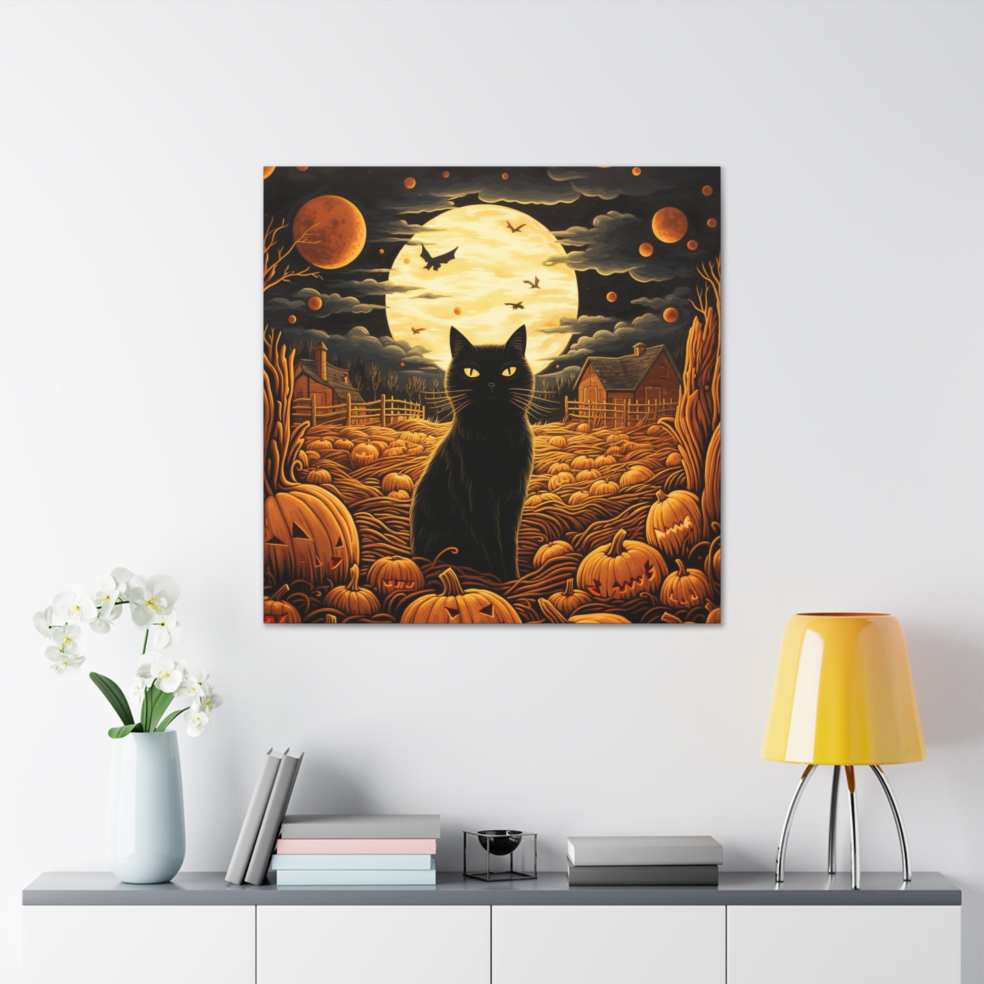 Halloween black cats art print pumpkins