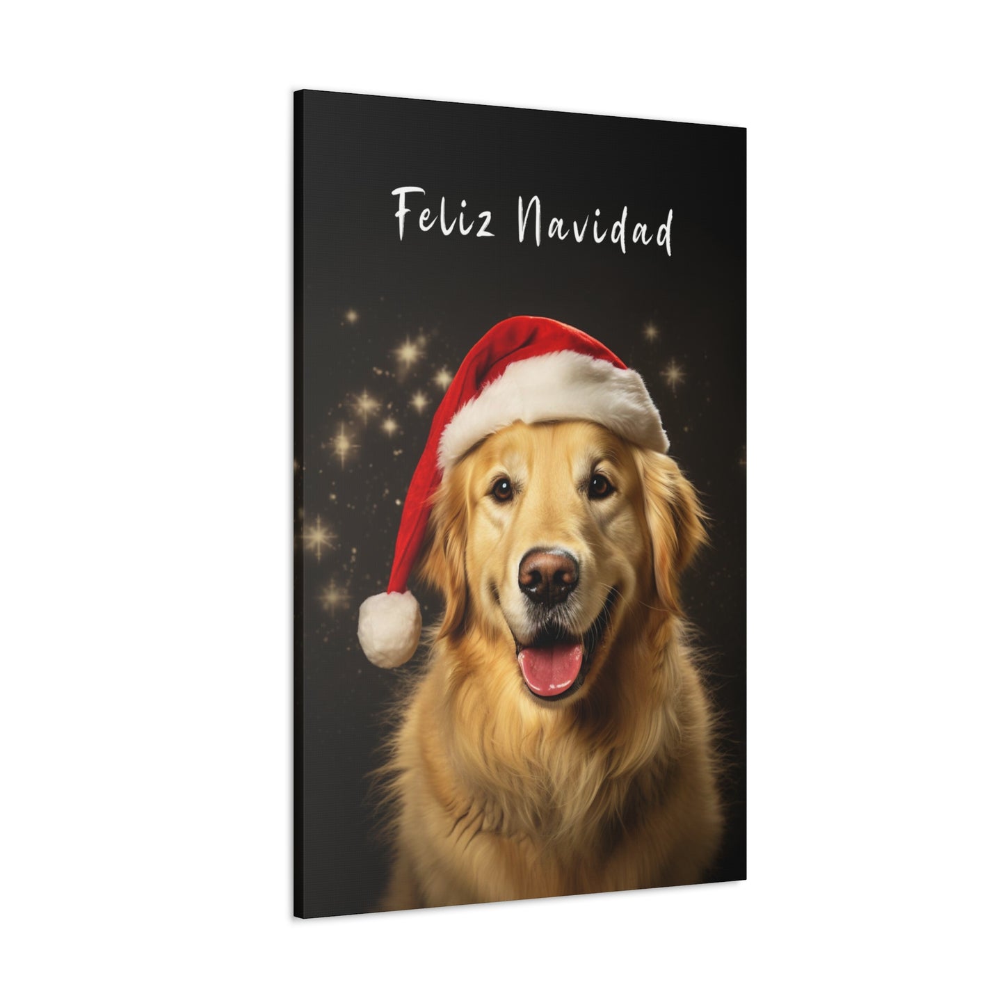 Feliz Navidad Golden Retrievers wearing Santa hat canvas print