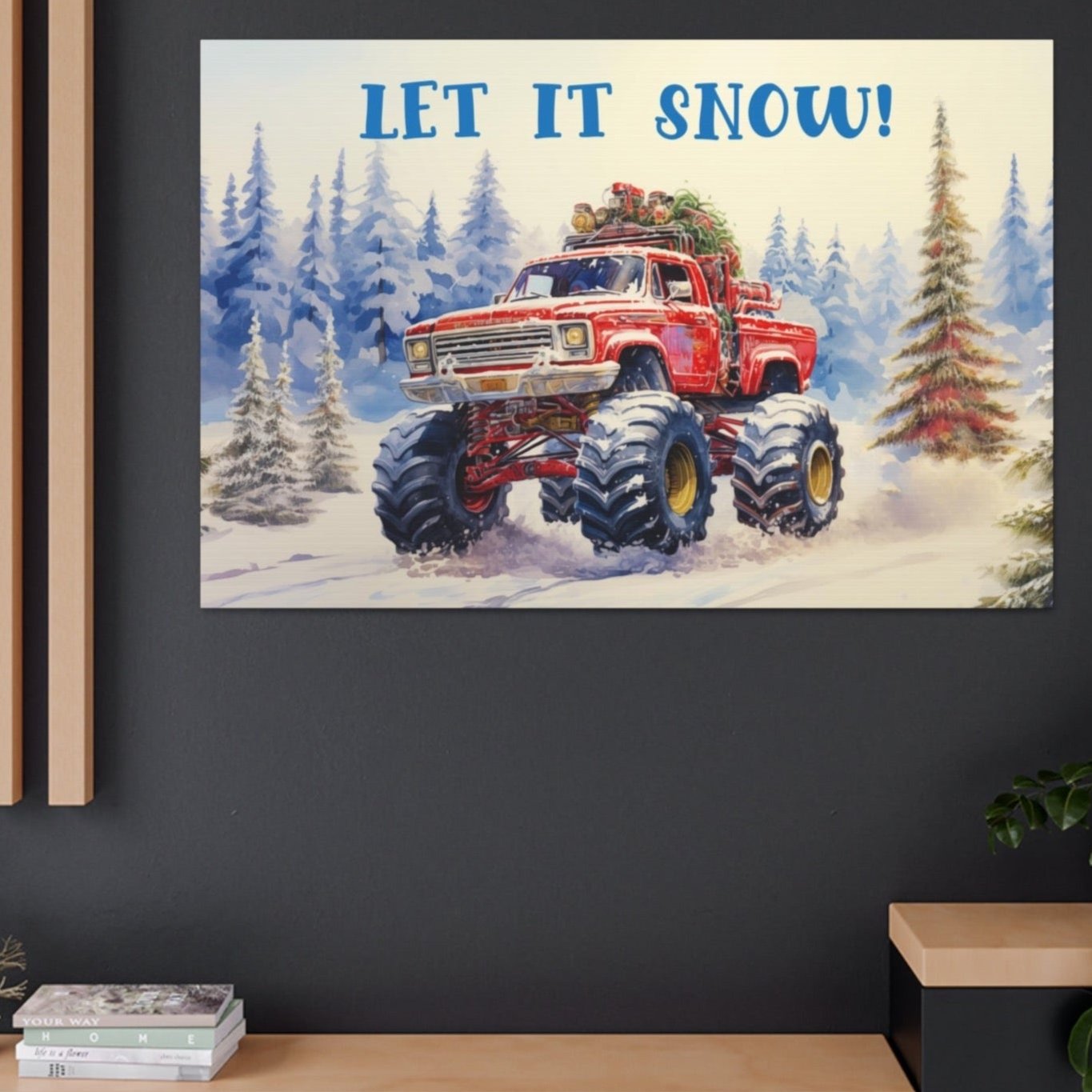 monster truck christmas red canvas prints