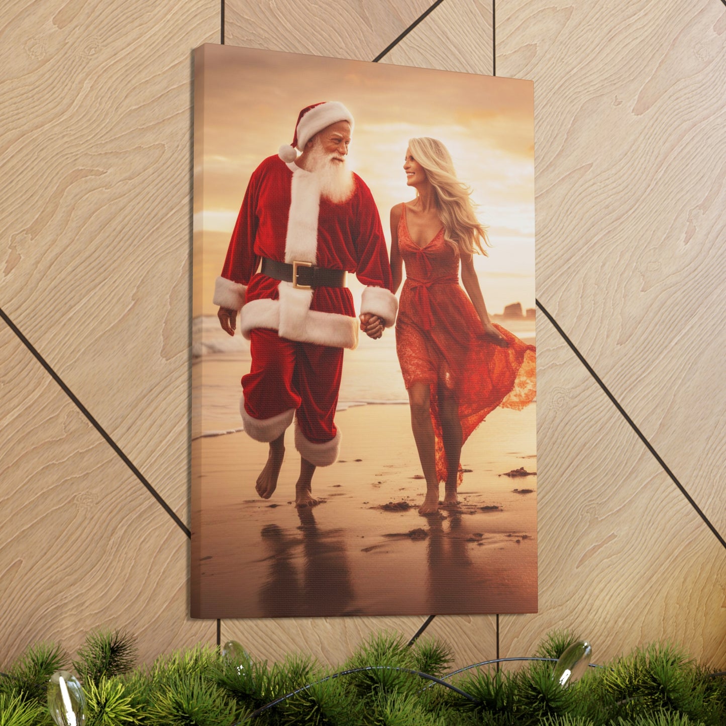 mr. mrs. claus walking on beach canvas print