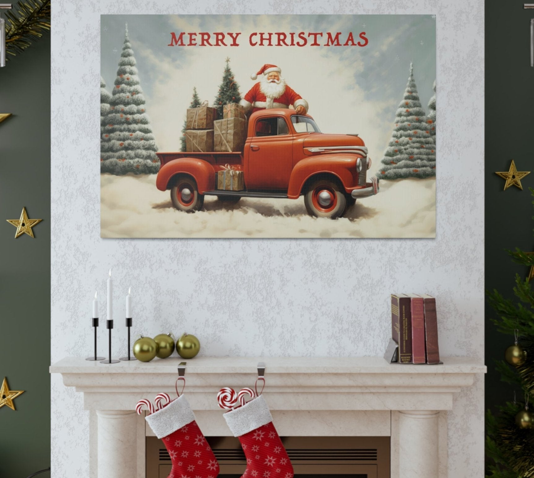 red christmas truck santa claus canvas print