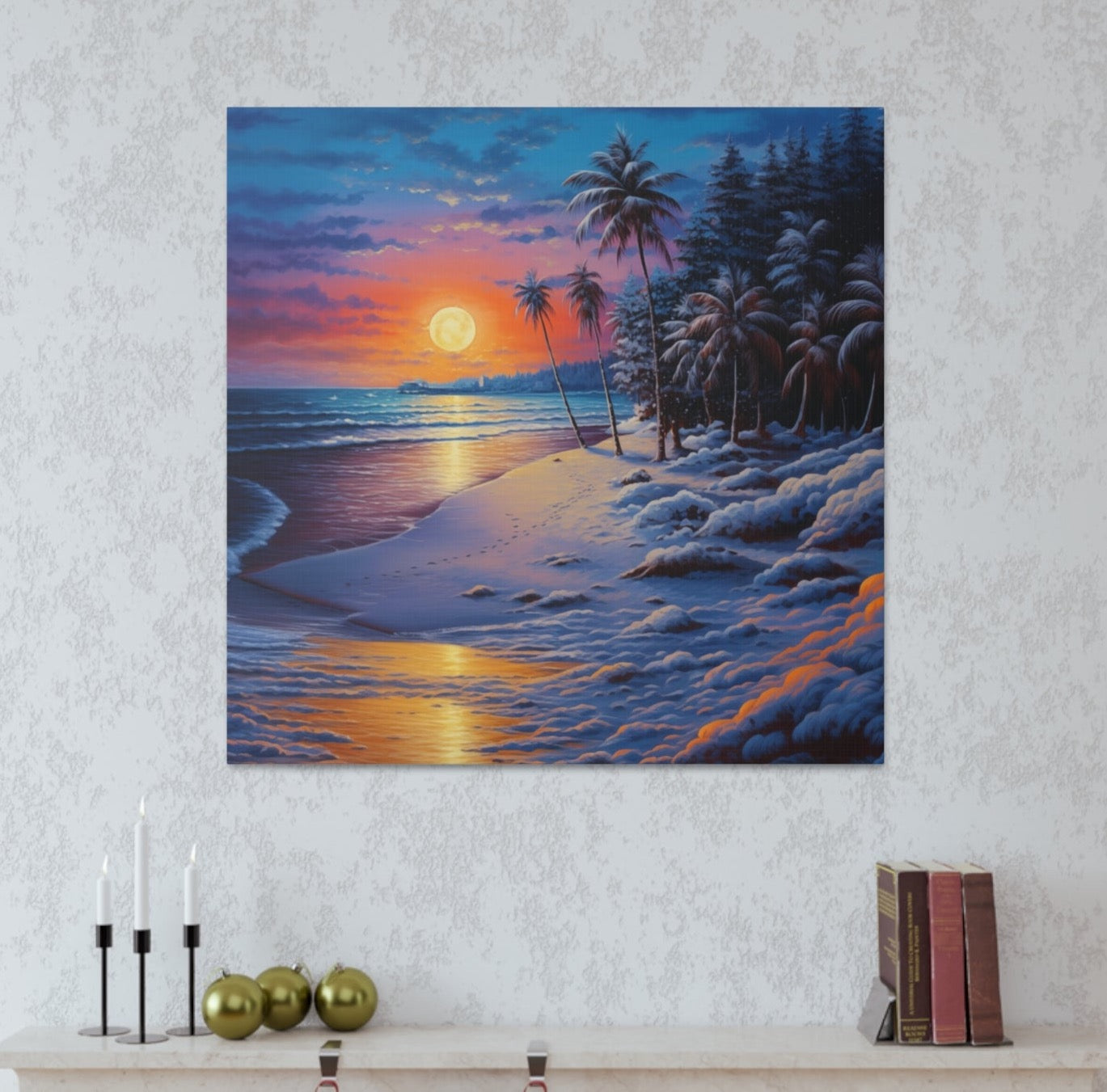 snowy beach sunset aesthetic wall decor