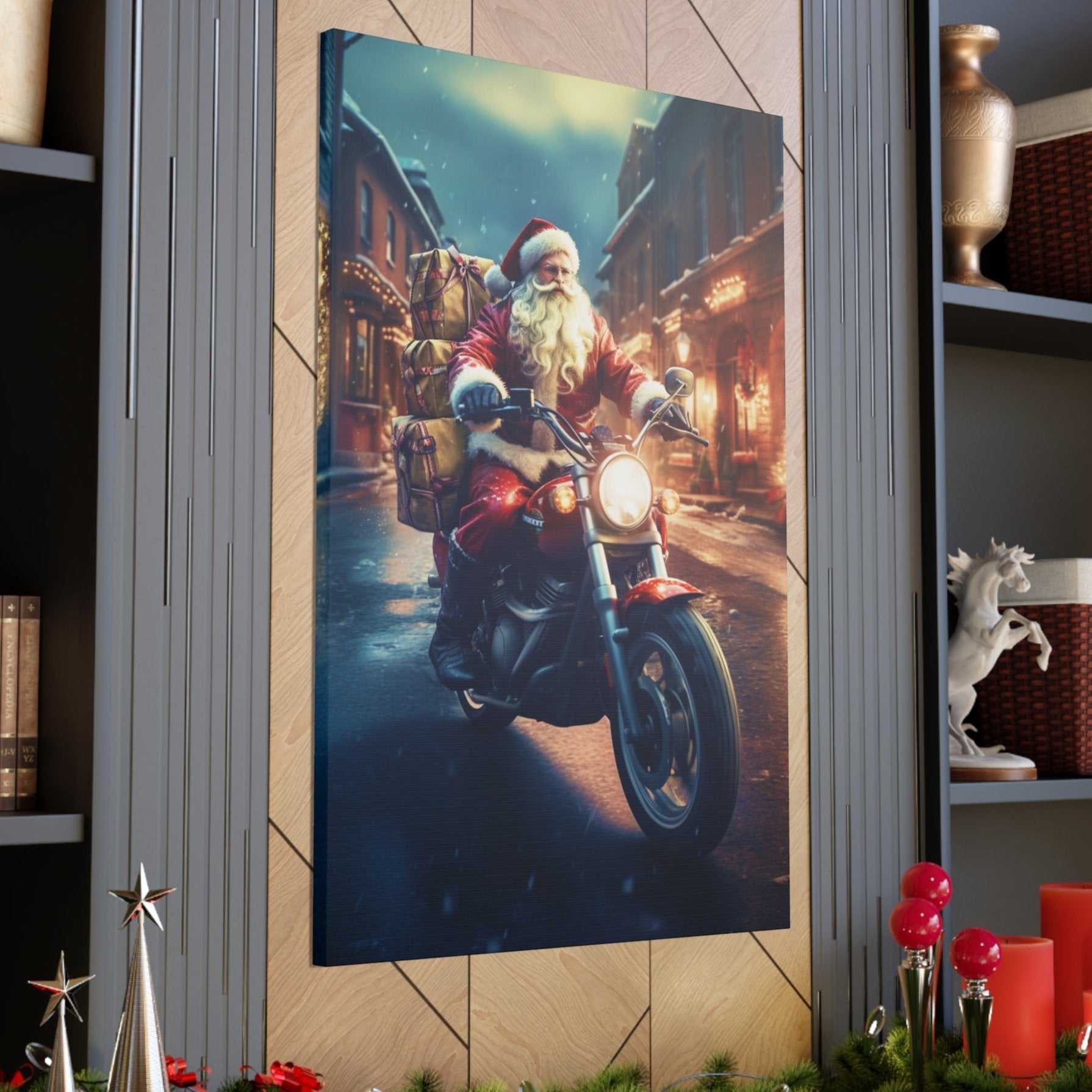 santa cruising on motorcycle canvas print