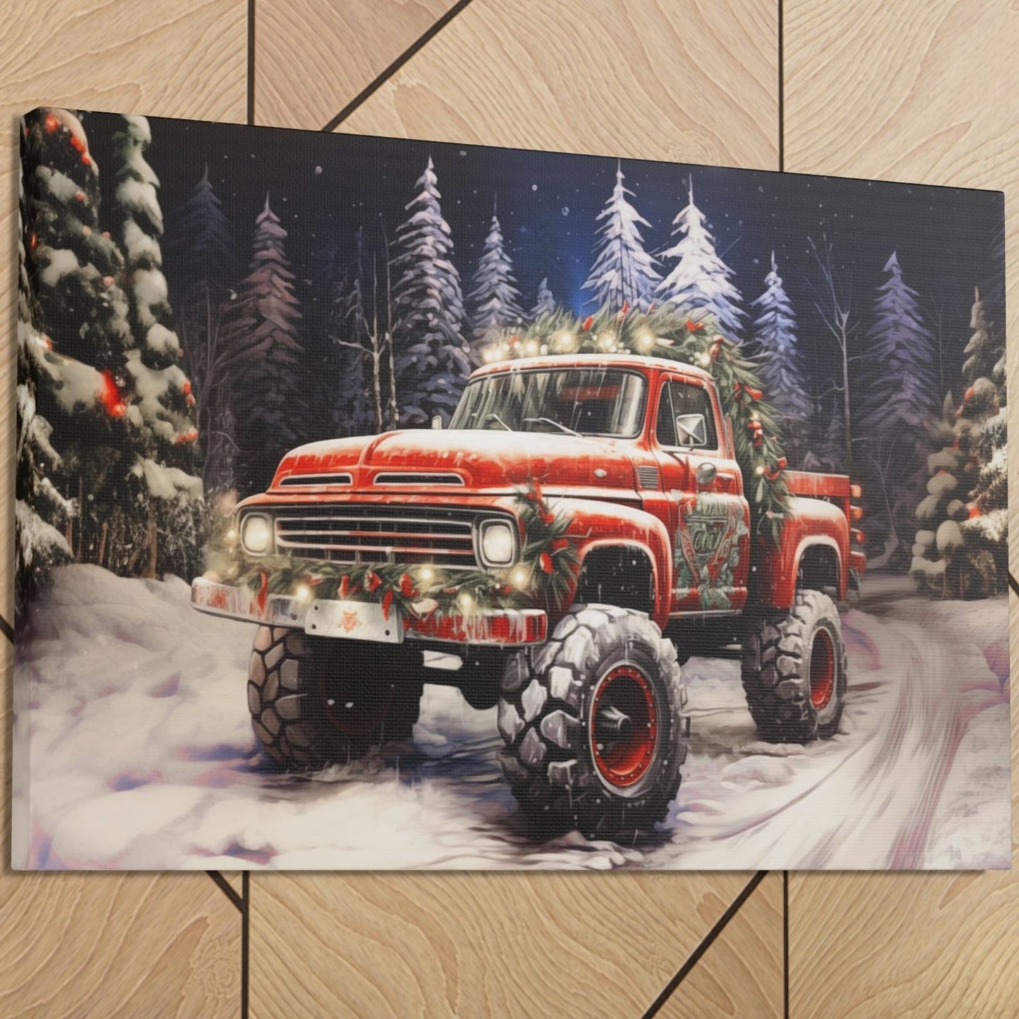red christmas pickup truck canvas print