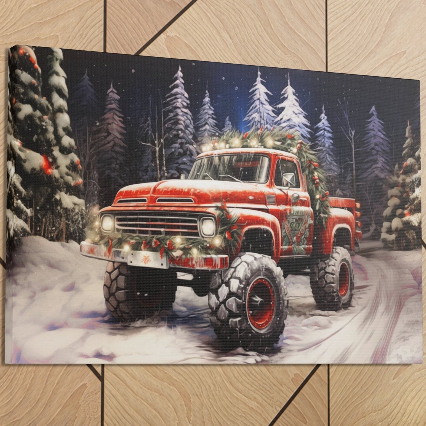red christmas pickup truck canvas print