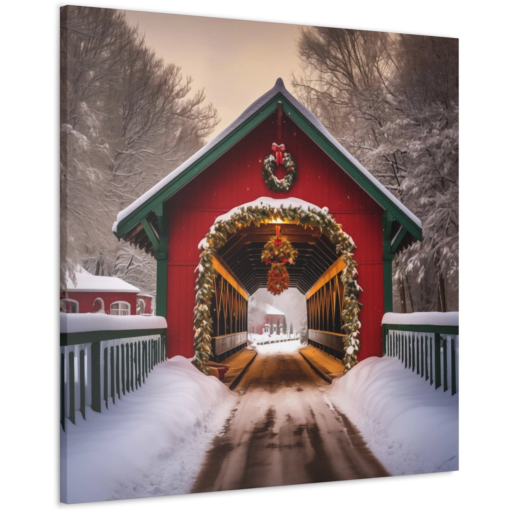 snow covered covered bridge art prints