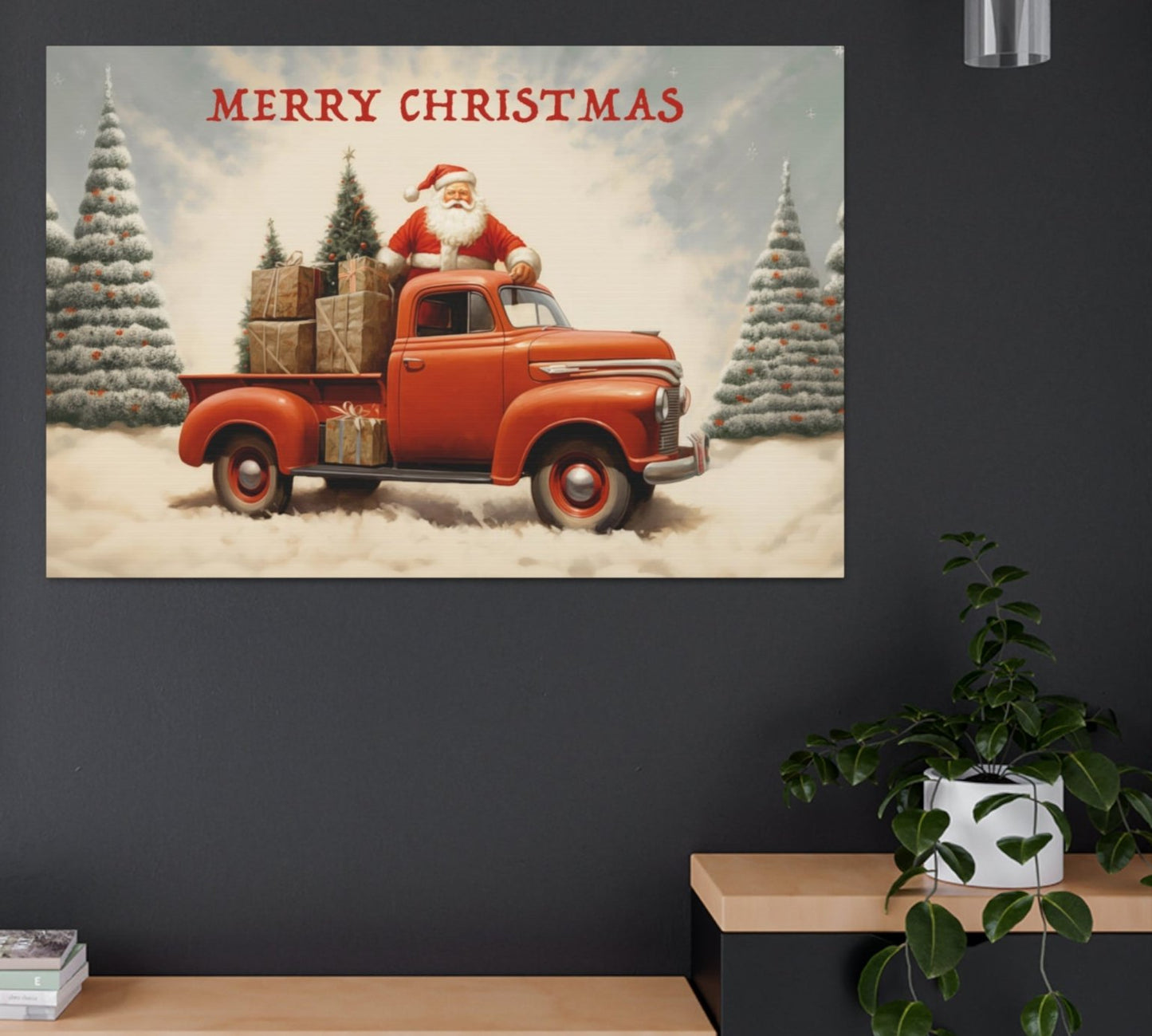 santa claus with red truck wall decor art prints