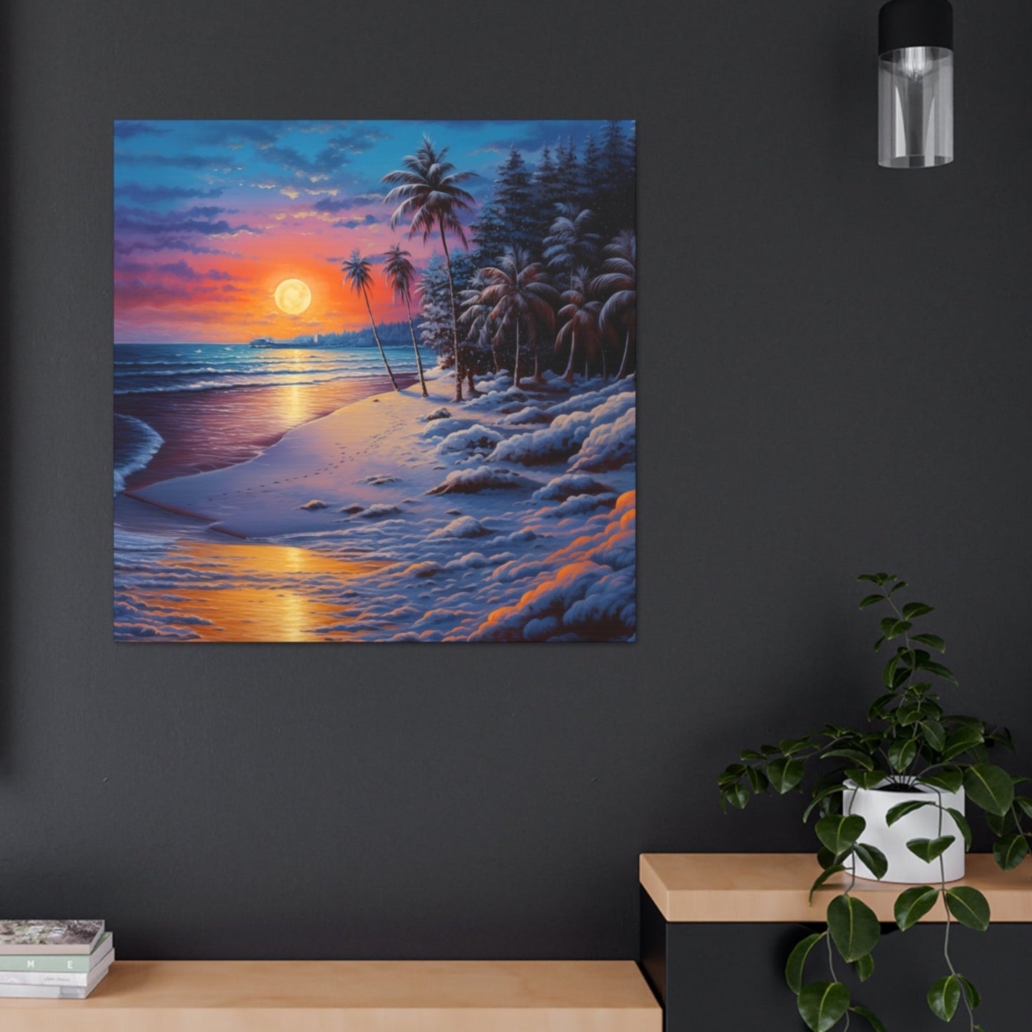 tropical sunset snowy beach canvas art