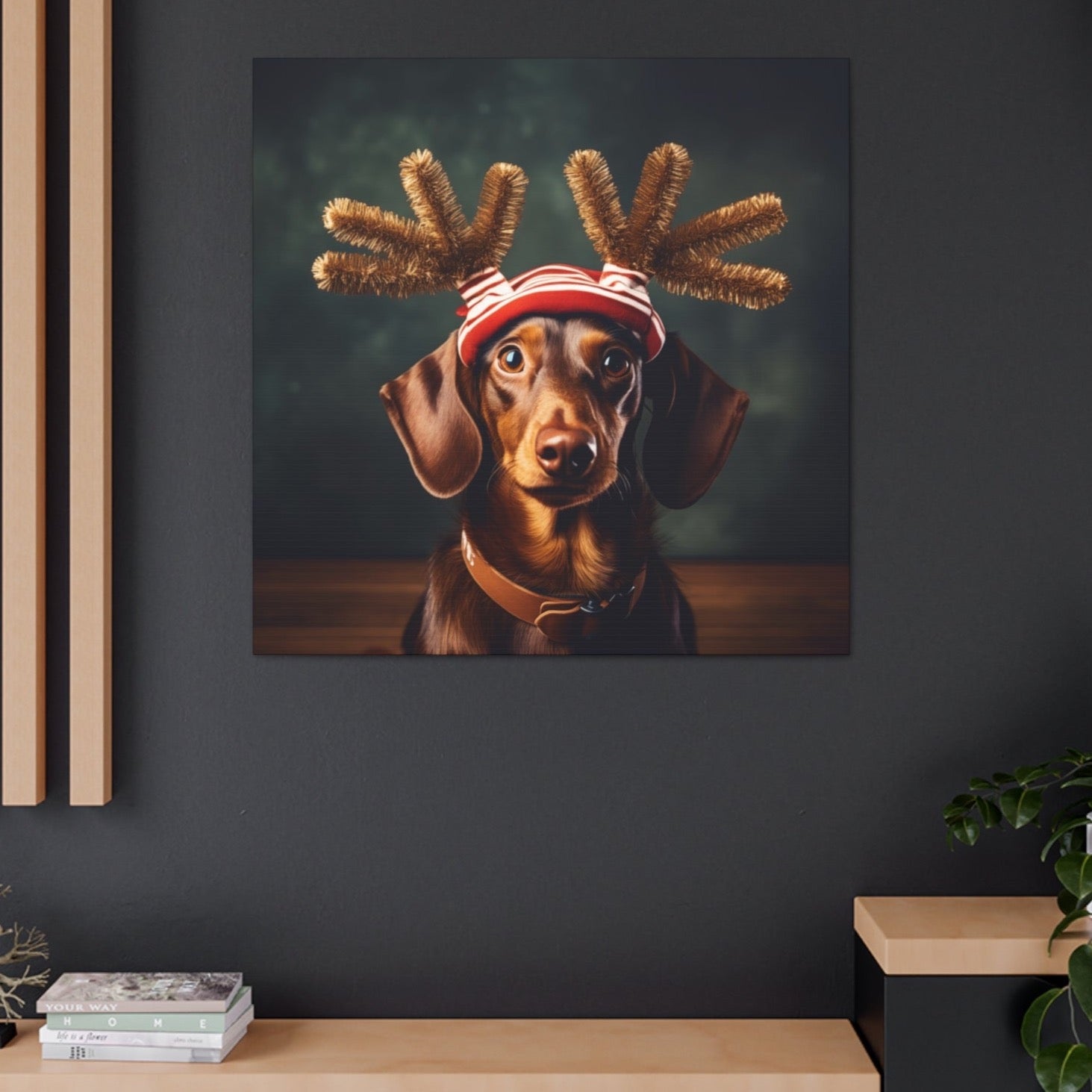 Cute Dachshund wearing reindeer antlers