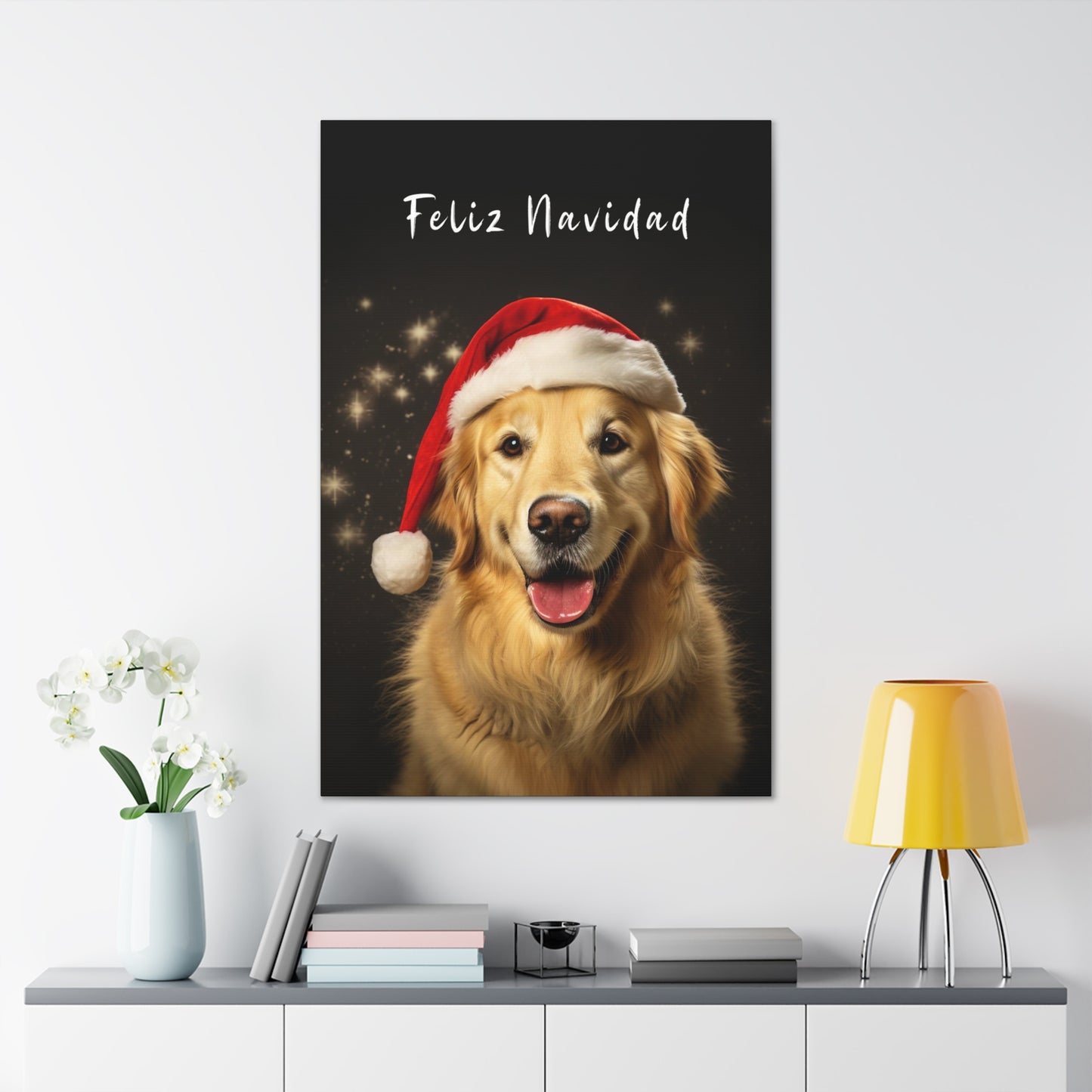 Cute Golden Retrievers wearing Santa hat