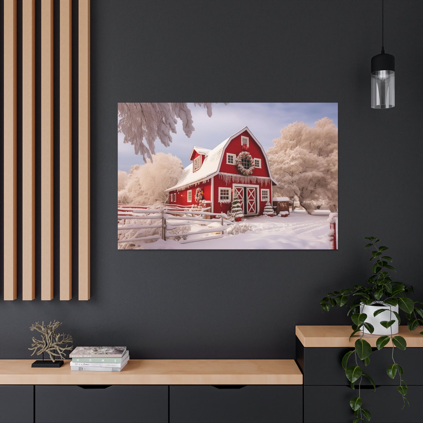 snow covered red christmas barn wall art decor