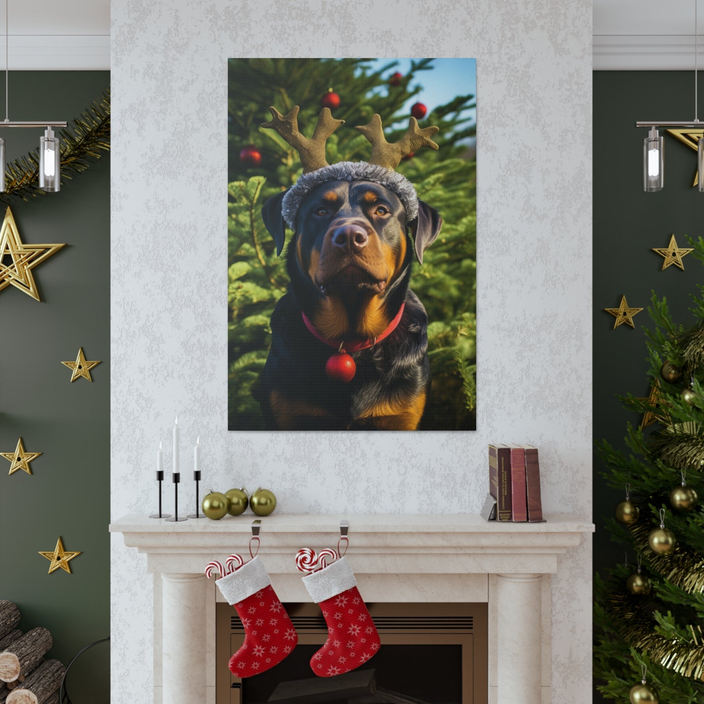 Cute Rottweilers wearing reindeer antlers