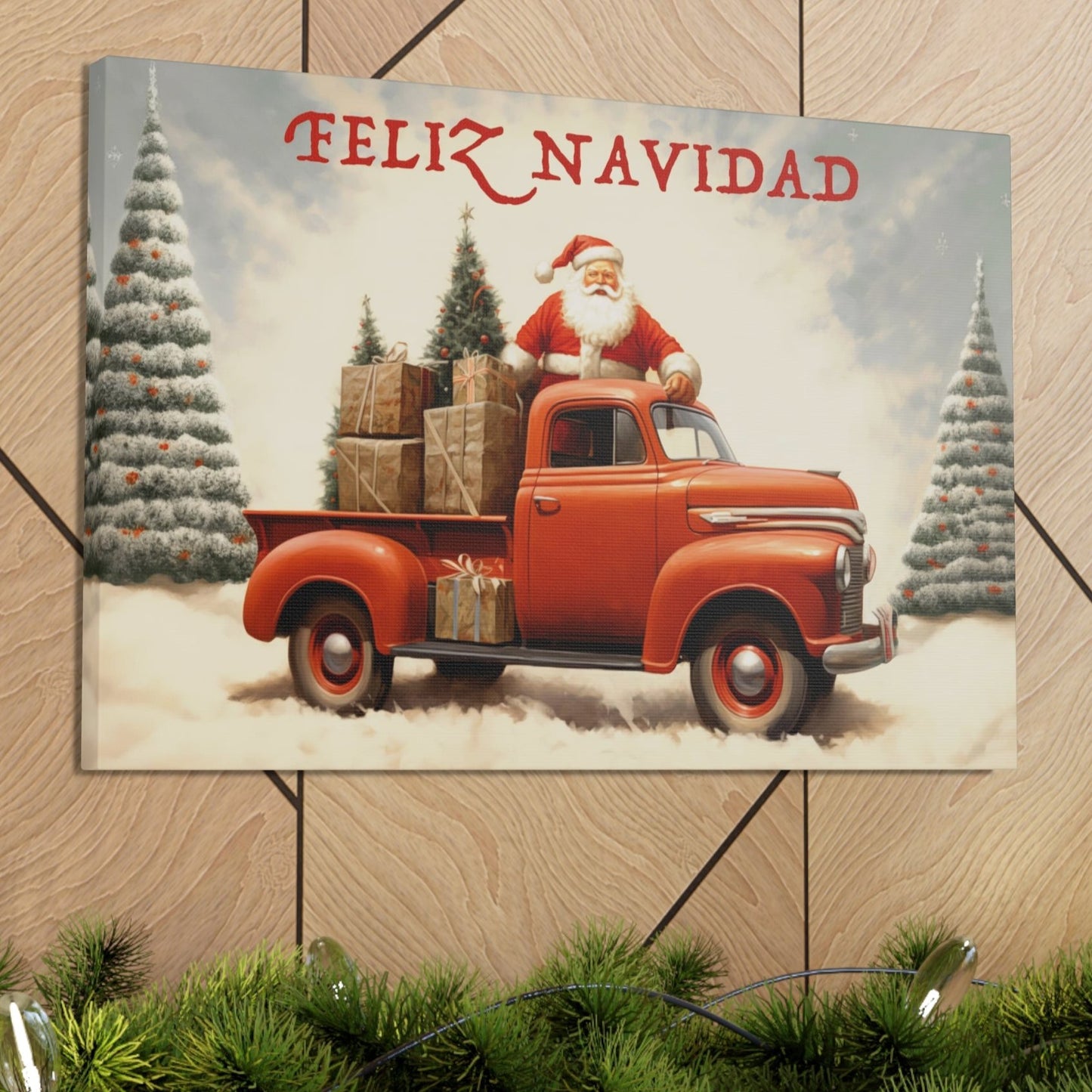 Christmas truck red santa claus wall art decor