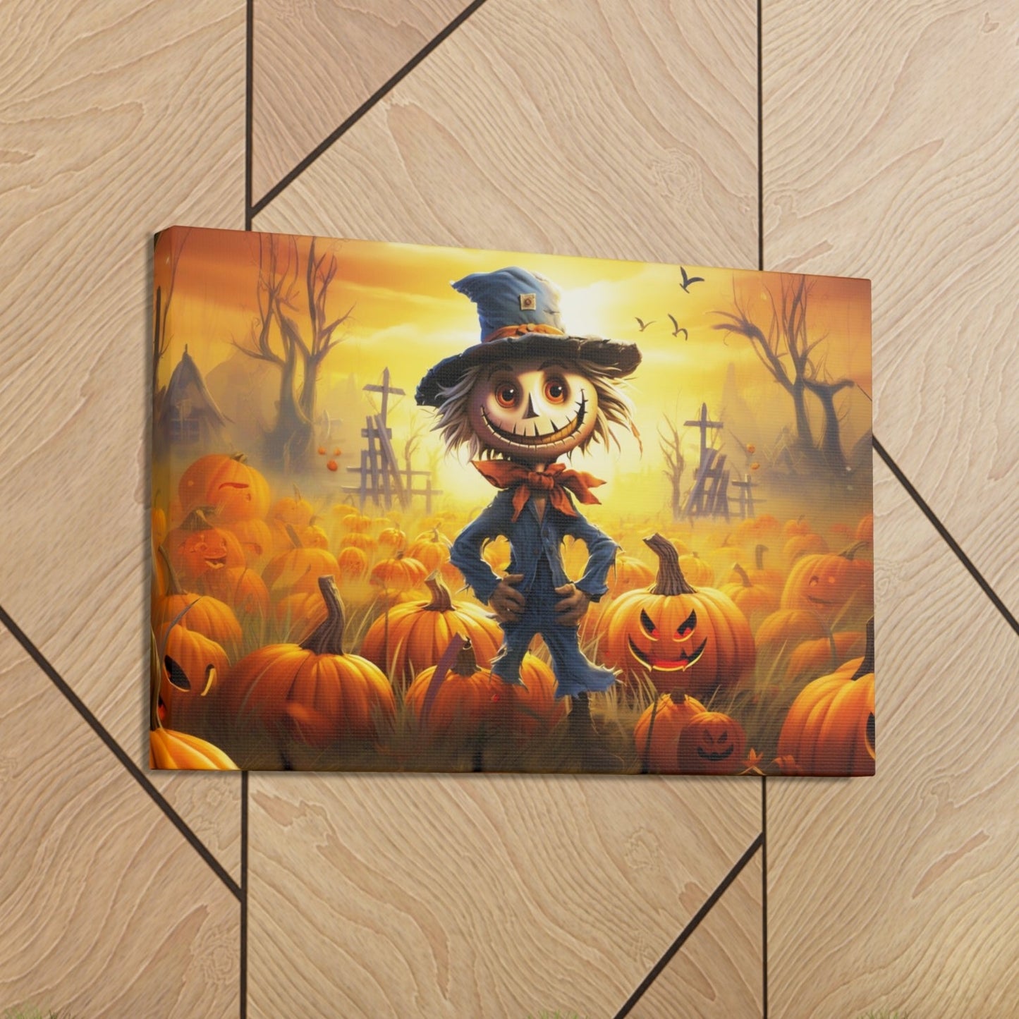 scarecrow in pumpkin patch canvas print