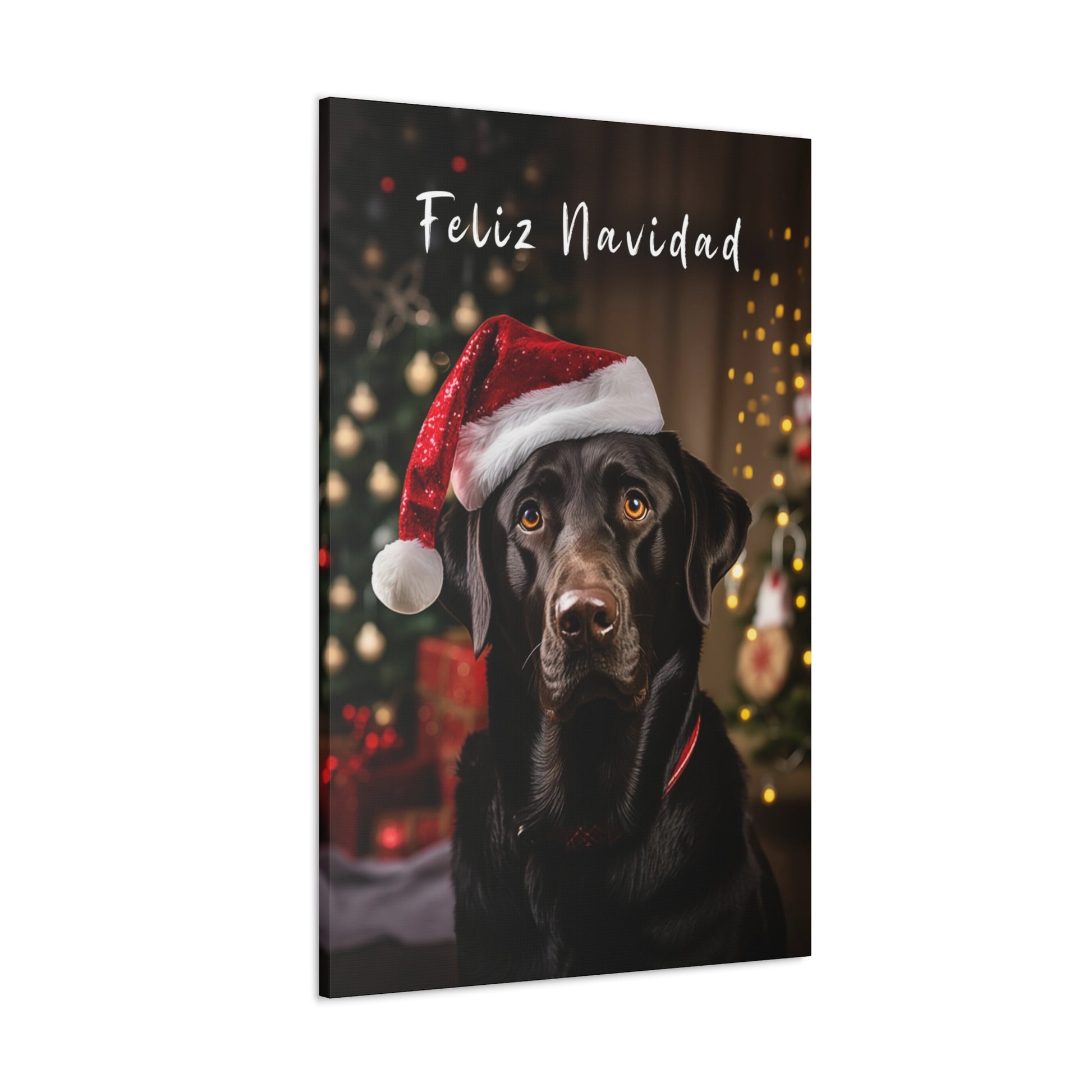 Feliz Navidad Black Labs wearing Santa hat canvas print