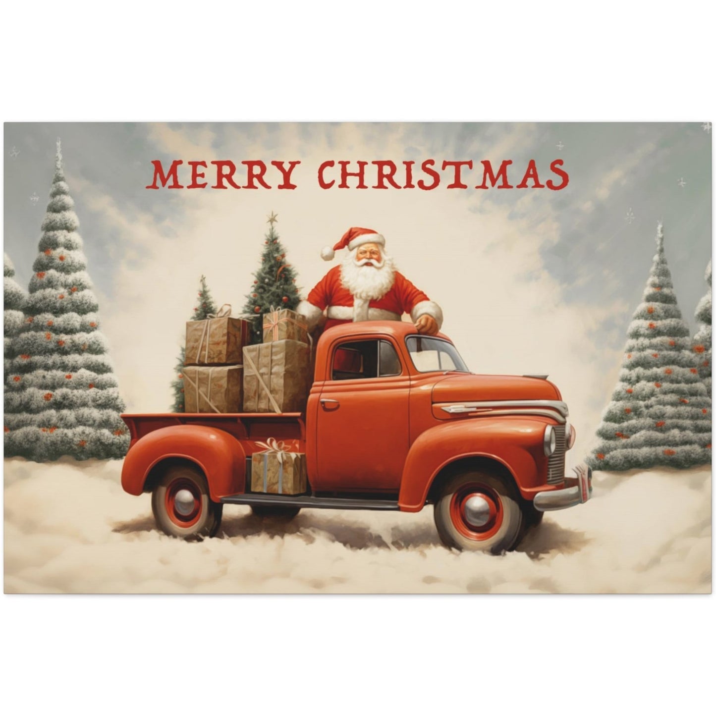 santa claus with red christmas pickup truck wall decor art