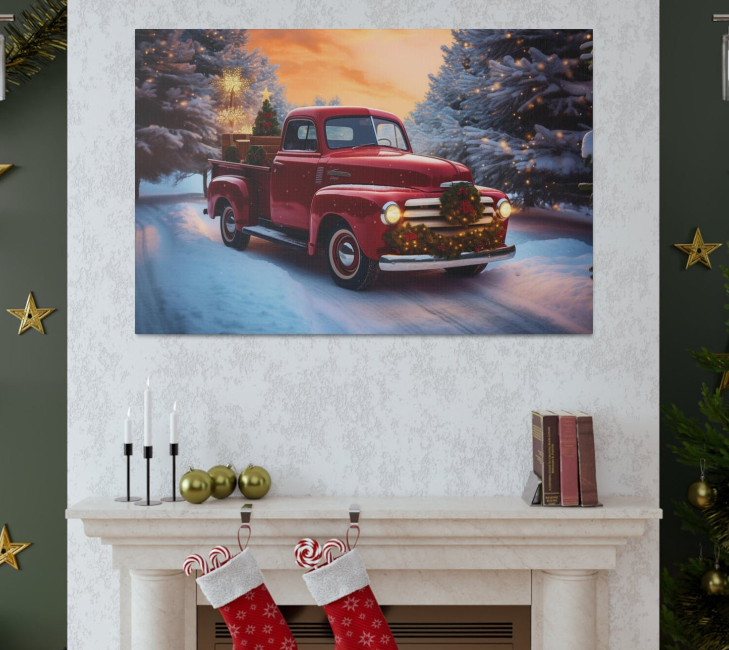 truck christmas red wall decor art, vintage truck christmas canvas prints