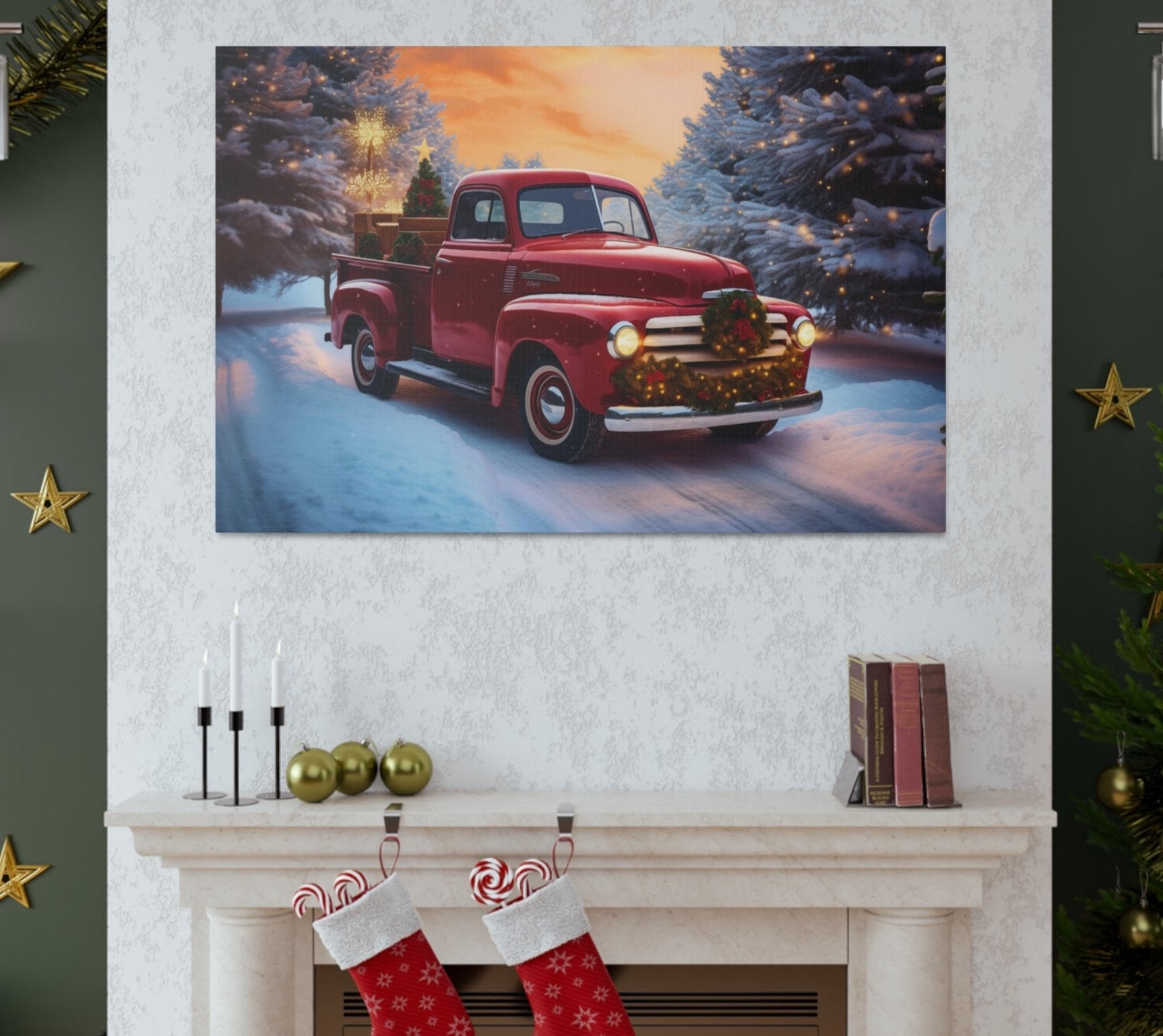 truck christmas red wall decor art, vintage truck christmas canvas prints