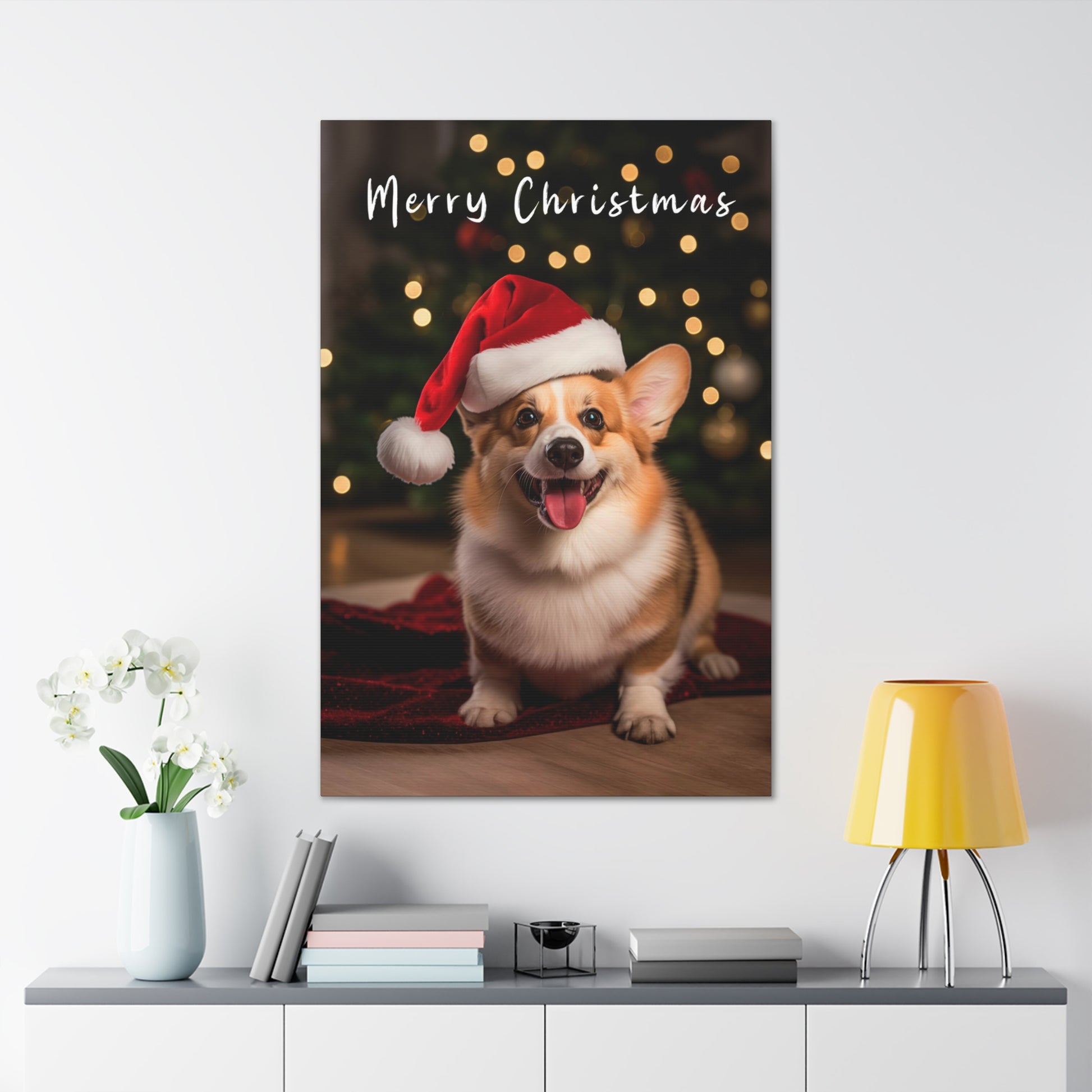 Cute Pembroke Welsh Corgi wearing Santa hat