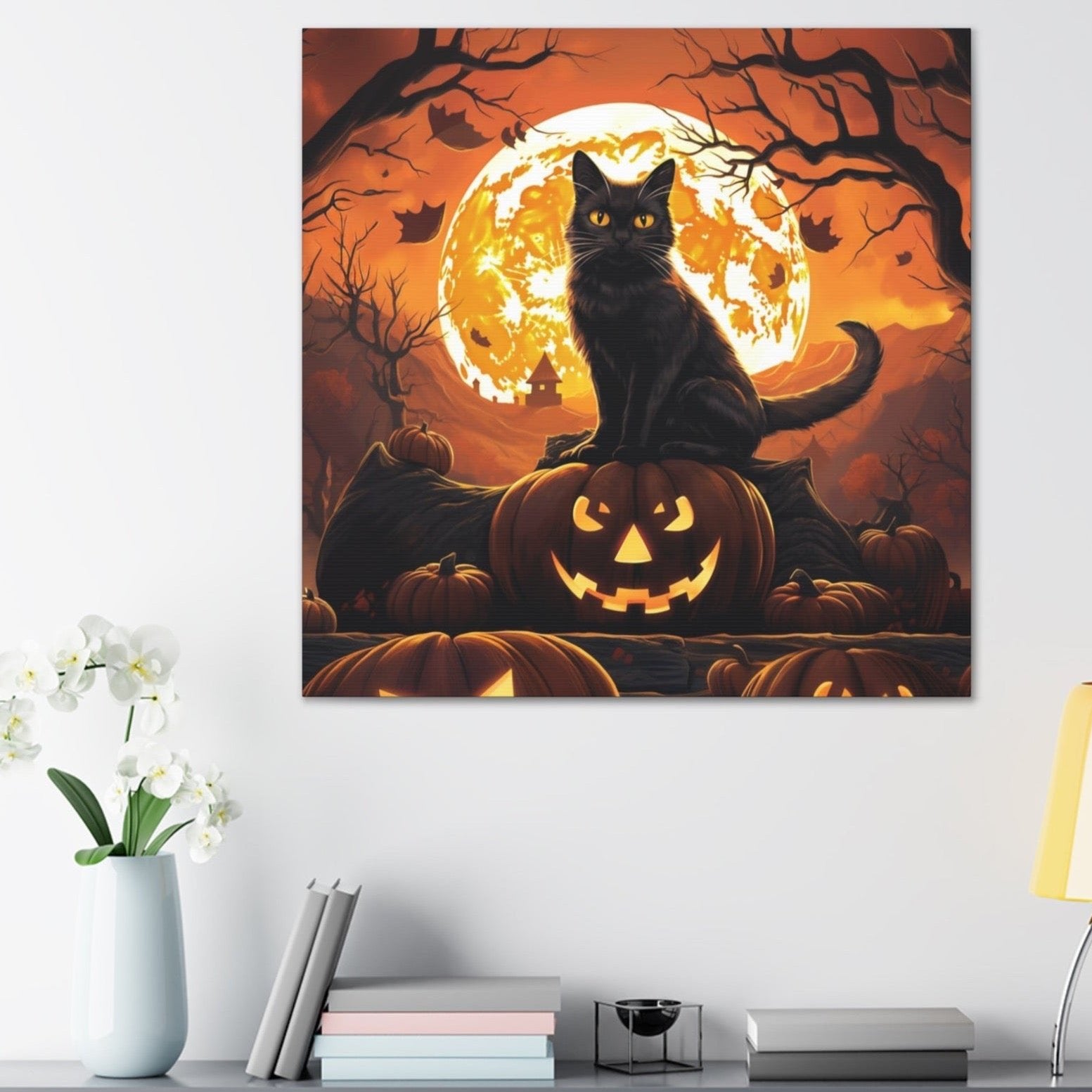 Halloween black cats art print jack-o-lantern