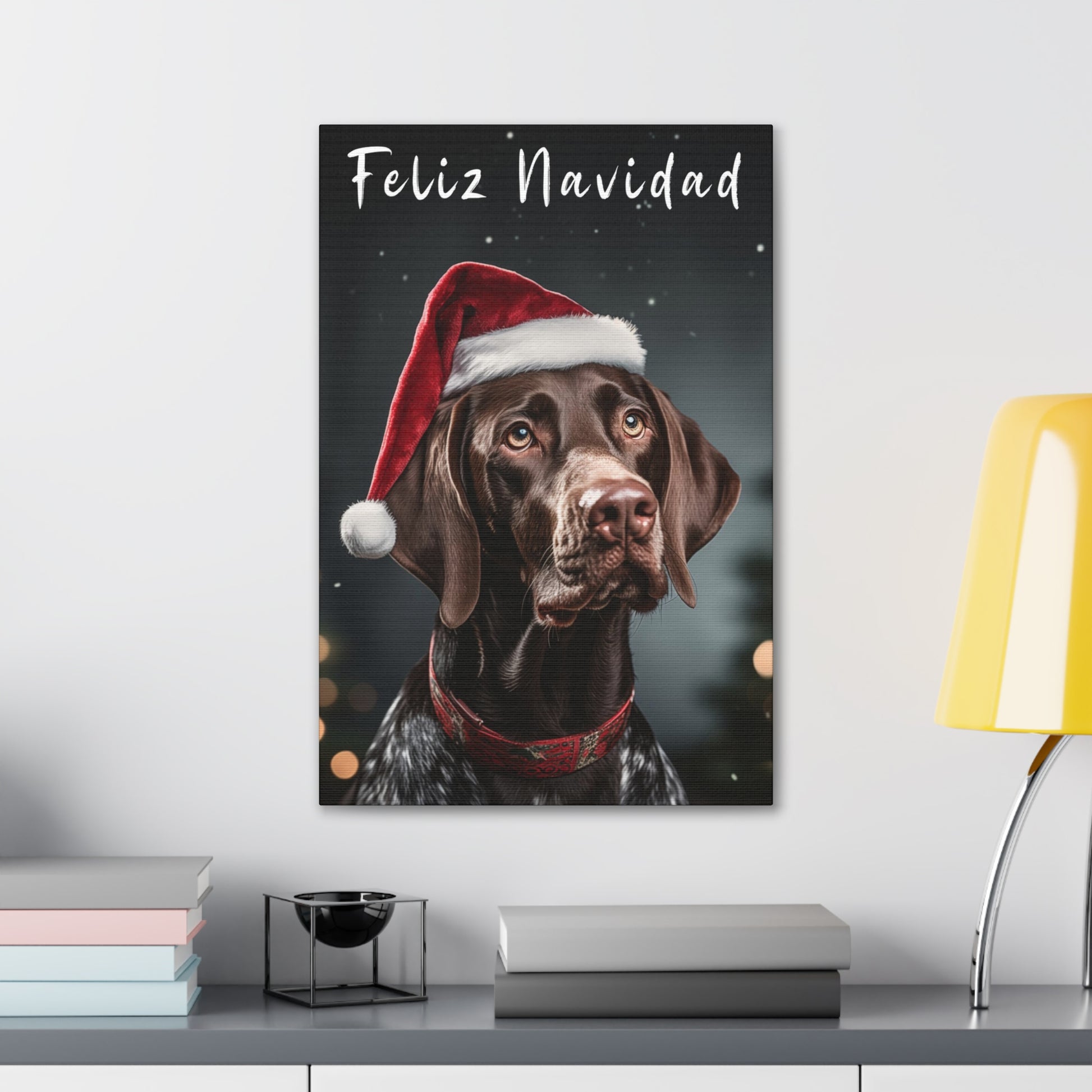 Cute German Shorthaired Pointer wearing Santa hat