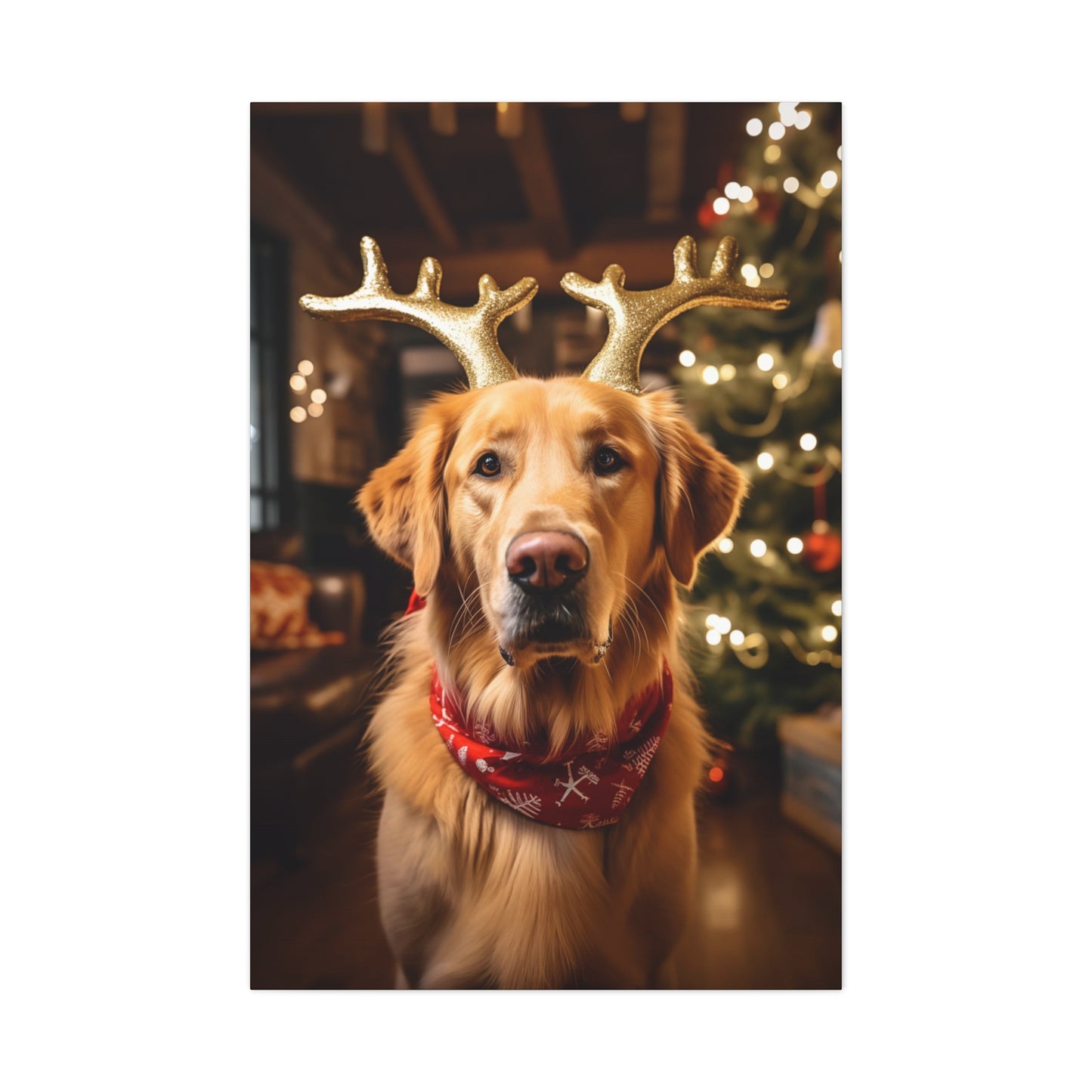 Christmas Golden Retrievers wearing reindeer antlers wall decor