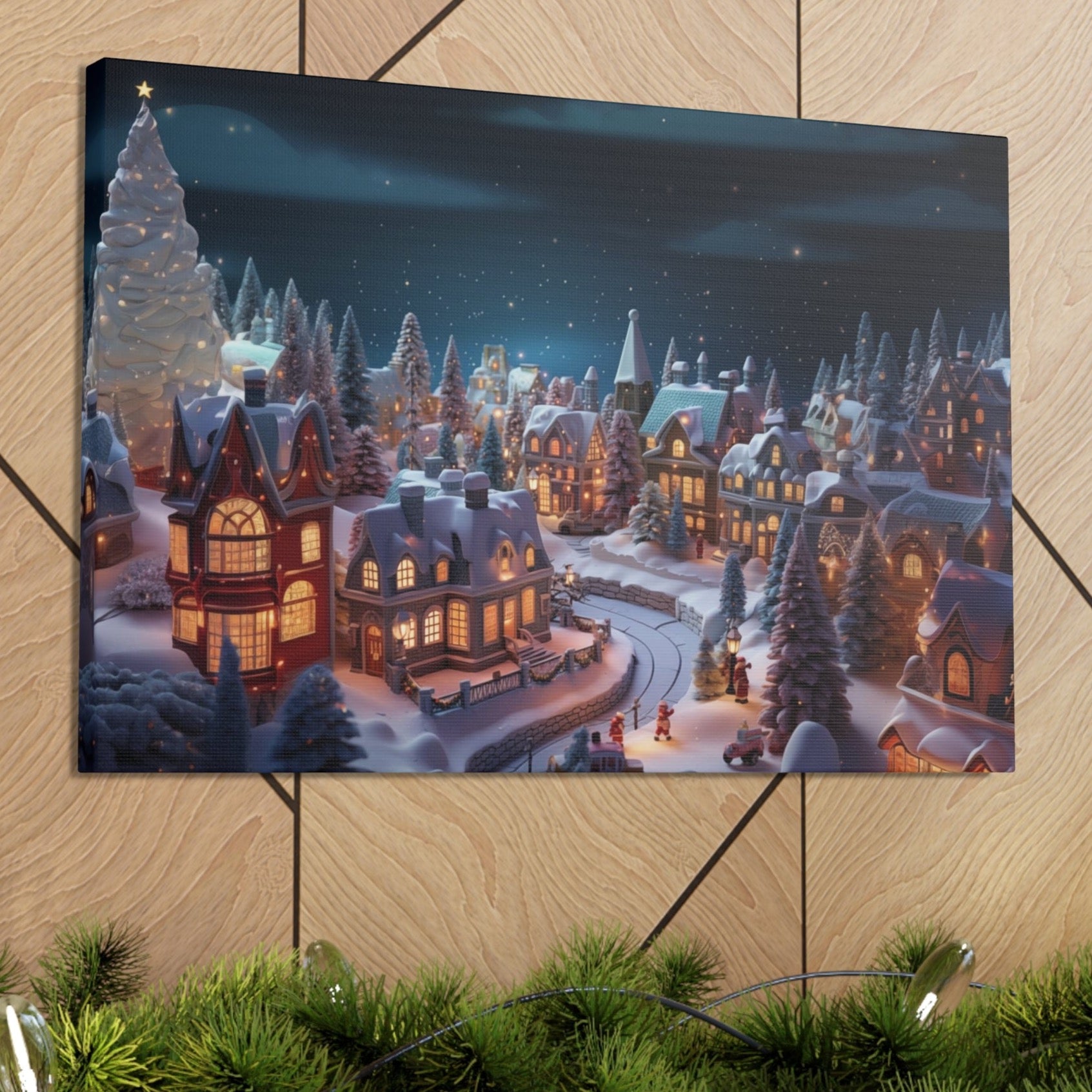 snowy christmas village wall art