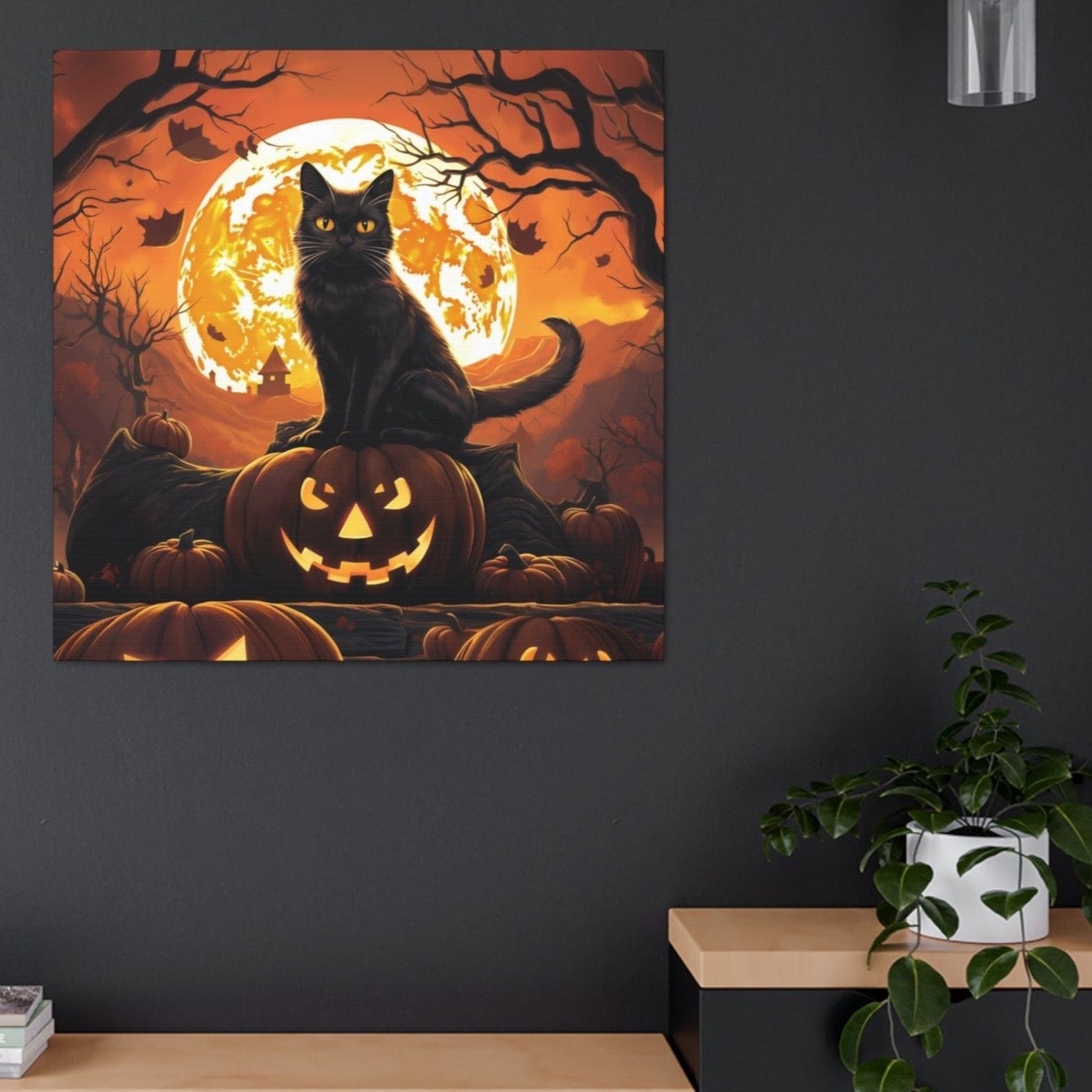 Halloween black cat on pumpkin poster art