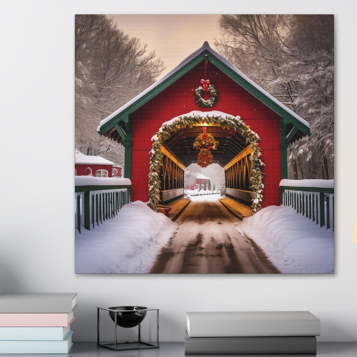 red country christmas covered bridge canvas print