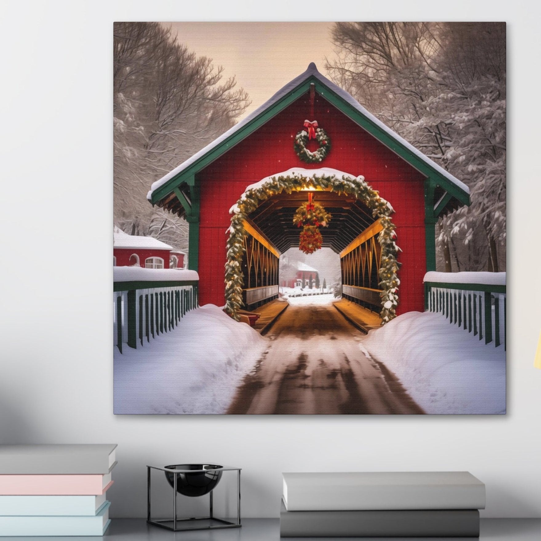 red country christmas covered bridge canvas print