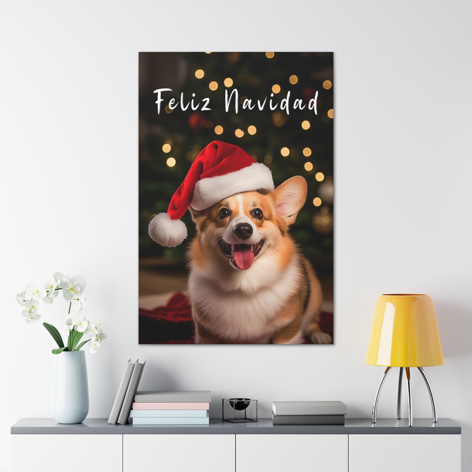 Cute Pembroke Welsh Corgi wearing Santa hat