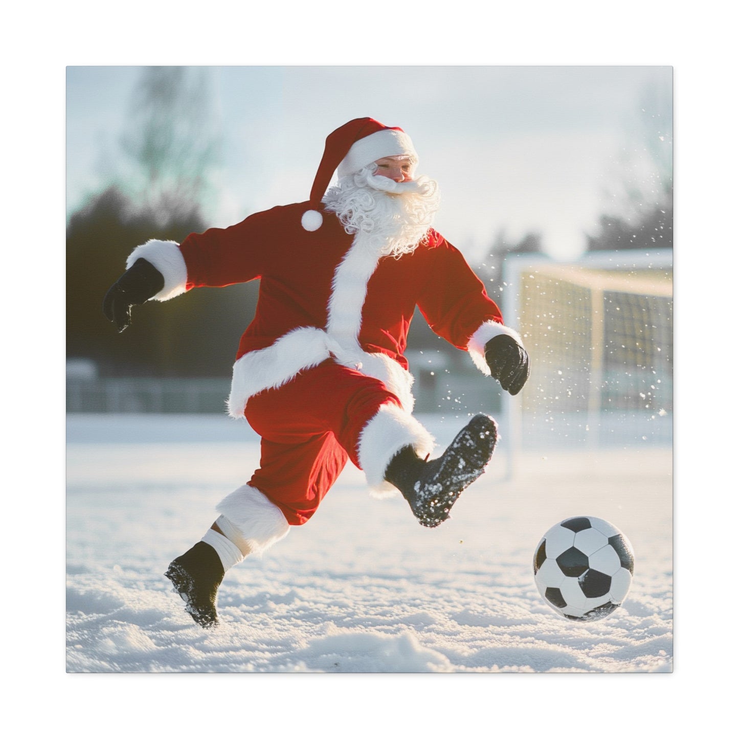 santa claus playing soccer stretched canvas print gallery wrap
