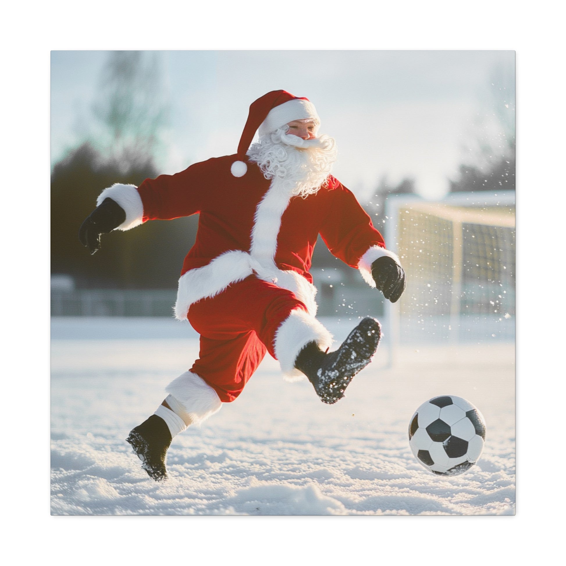 santa claus playing soccer stretched canvas print gallery wrap