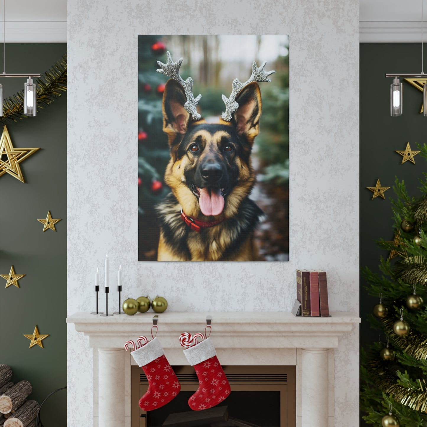 Cute German Shepherds wearing reindeer antlers