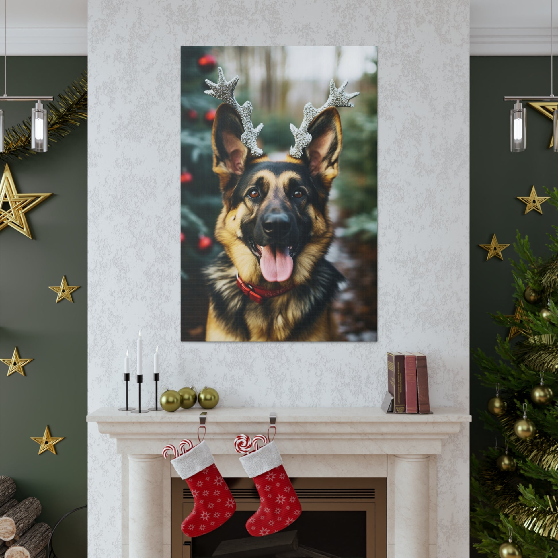 Cute German Shepherds wearing reindeer antlers
