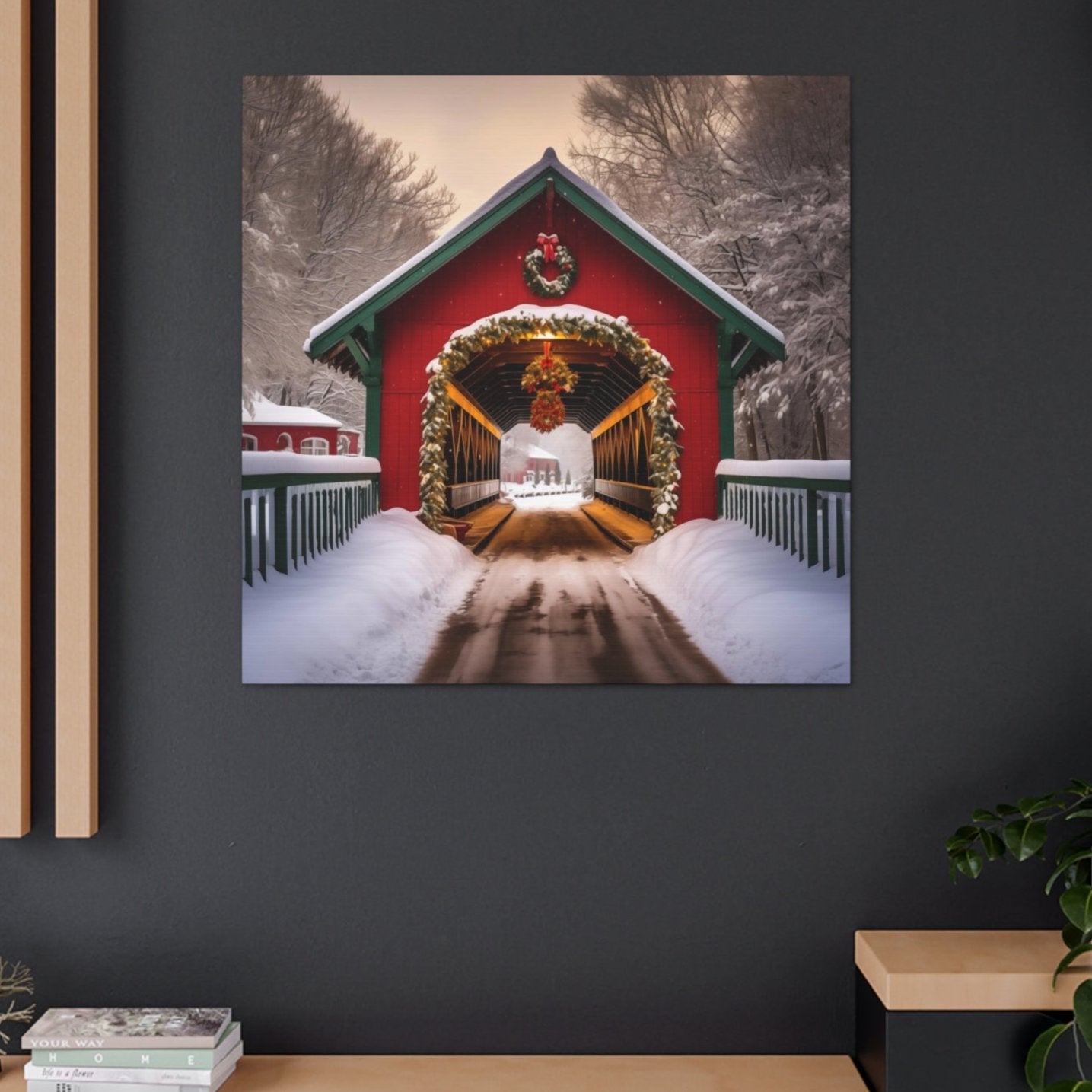 red covered bridge snow canvas prints
