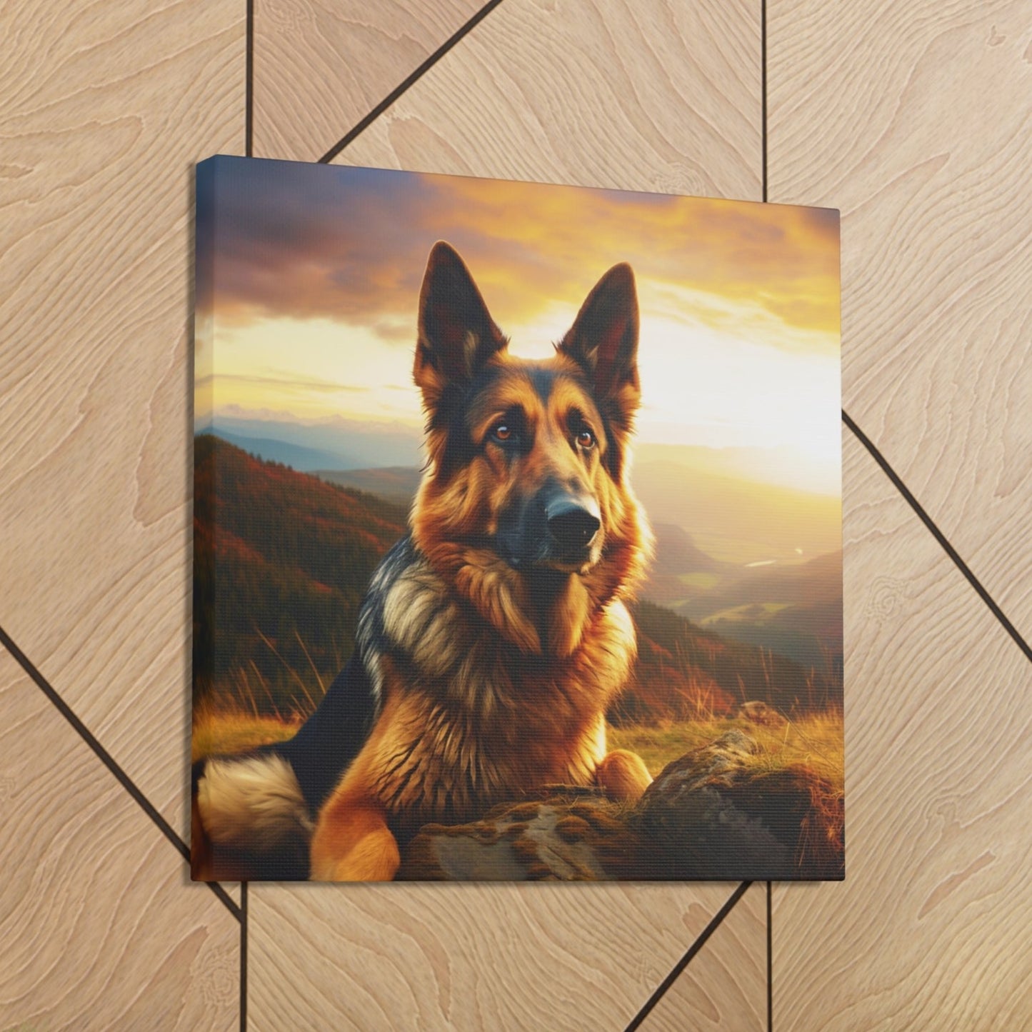 cute German Shepherd at sunset canvas print