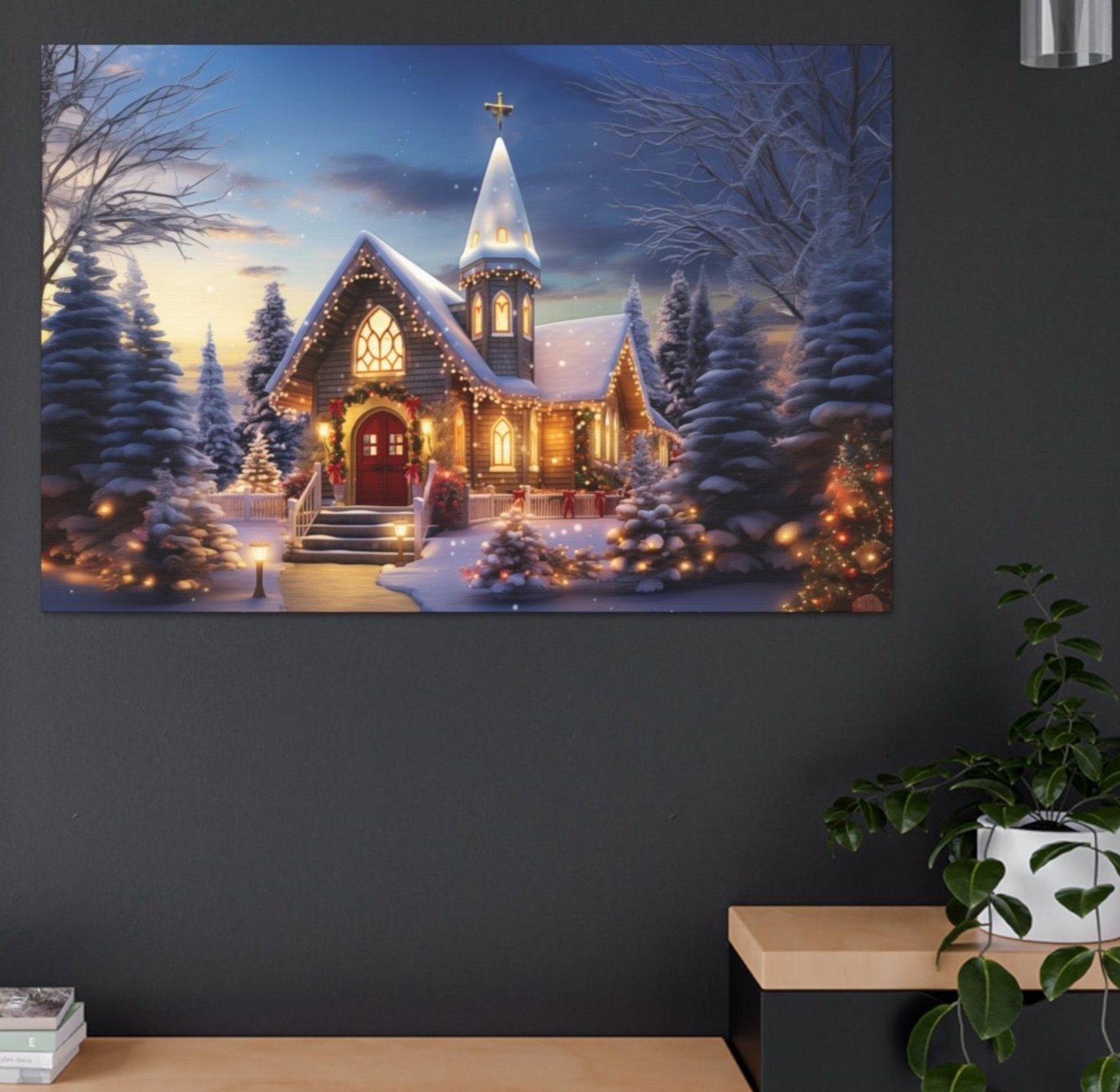 small church Christmas canvas prints