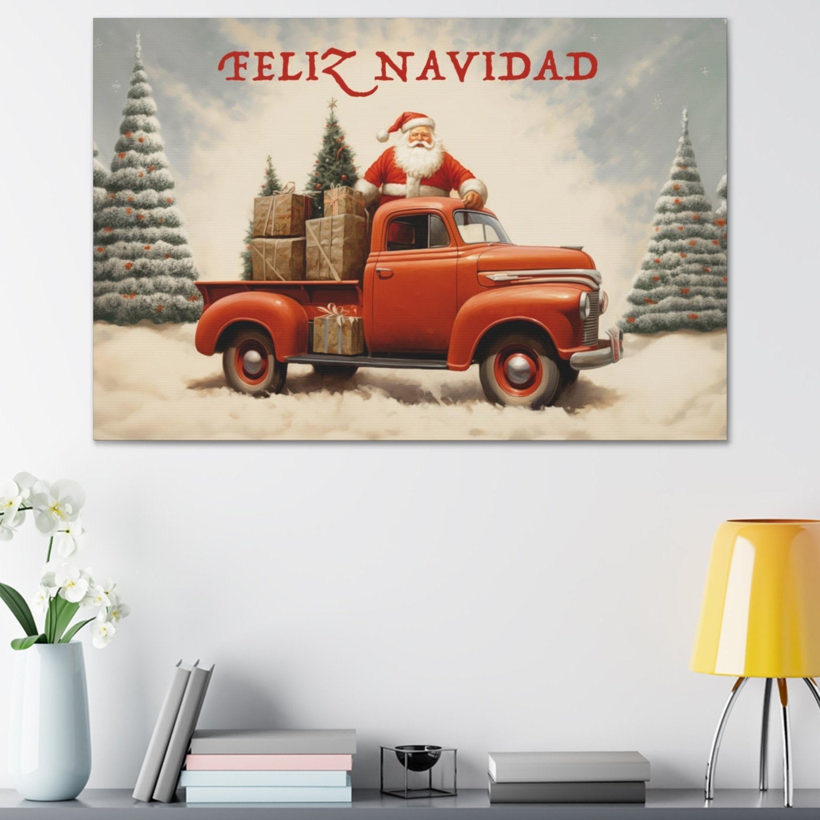 truck christmas red wall santa claus decor art