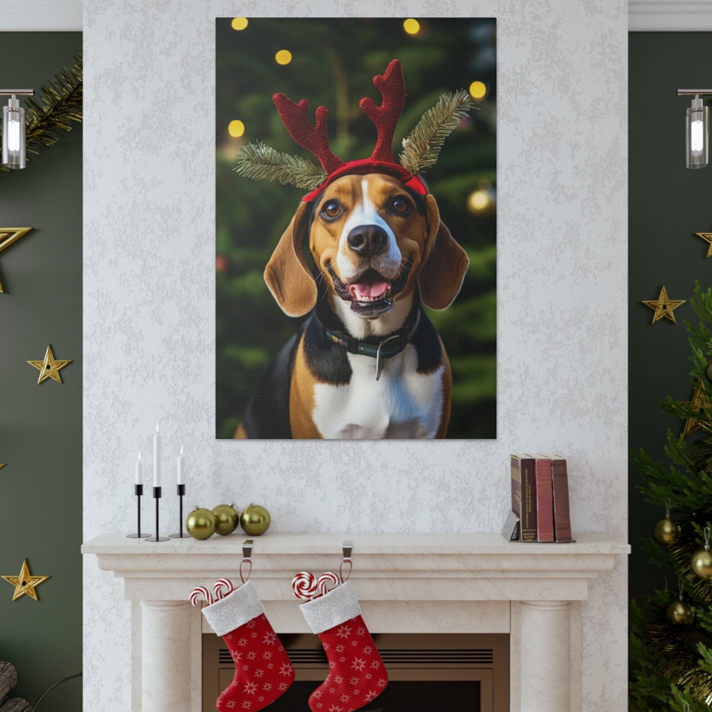 Cute Beagle wearing reindeer antlers